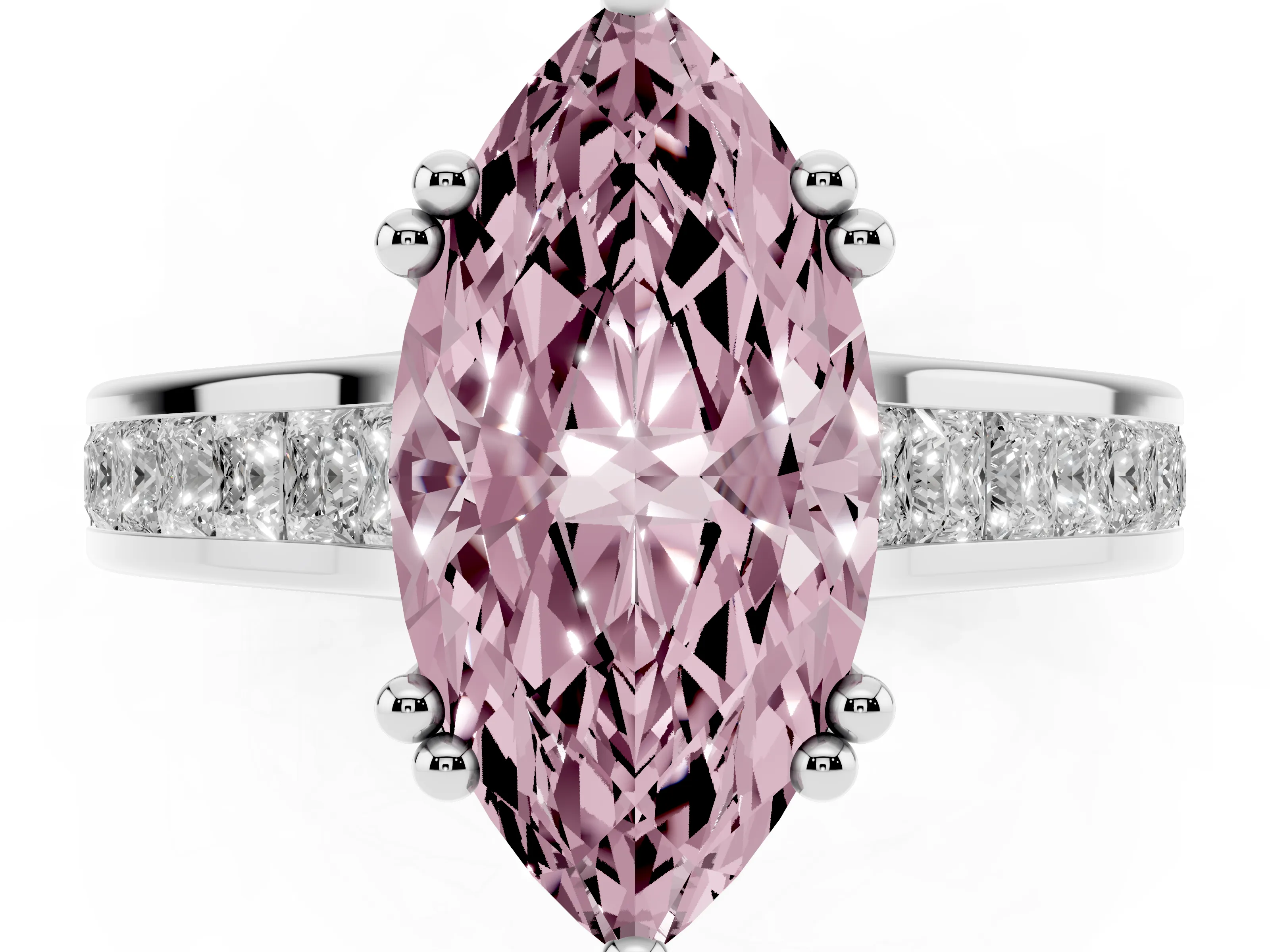 Fancy Pink Marquise Cut Diamond Channel Set Solitaire Engagement Ring Set in Silver with Prong Setting