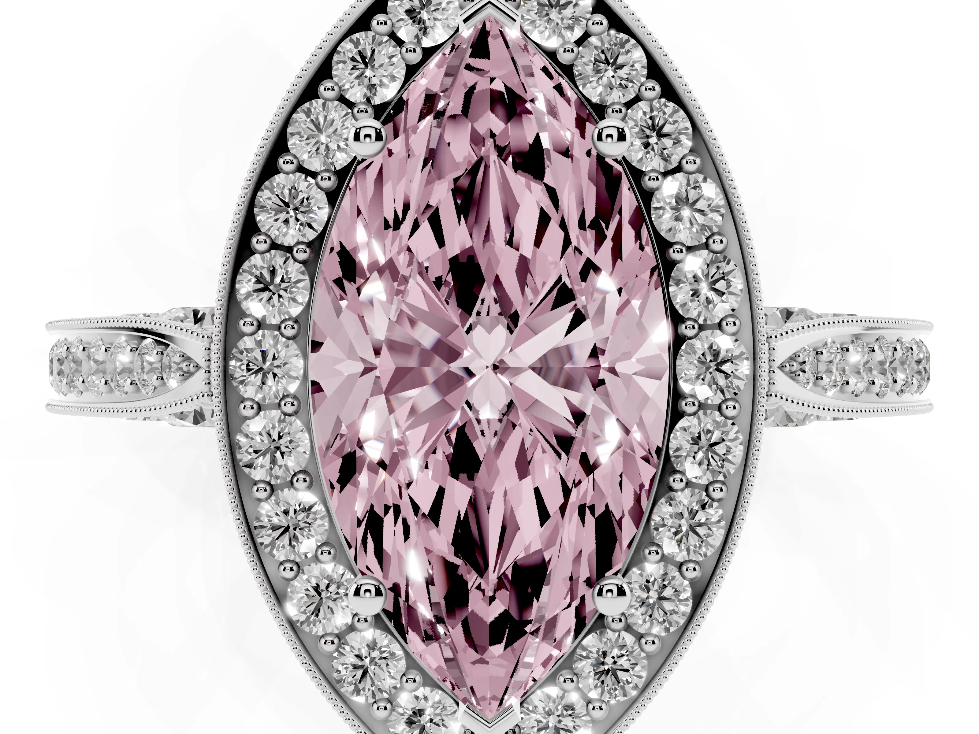 Fancy Pink Marquise Cut Diamond Halo Engagement Ring Set in White gold with Accent Split Shank Band