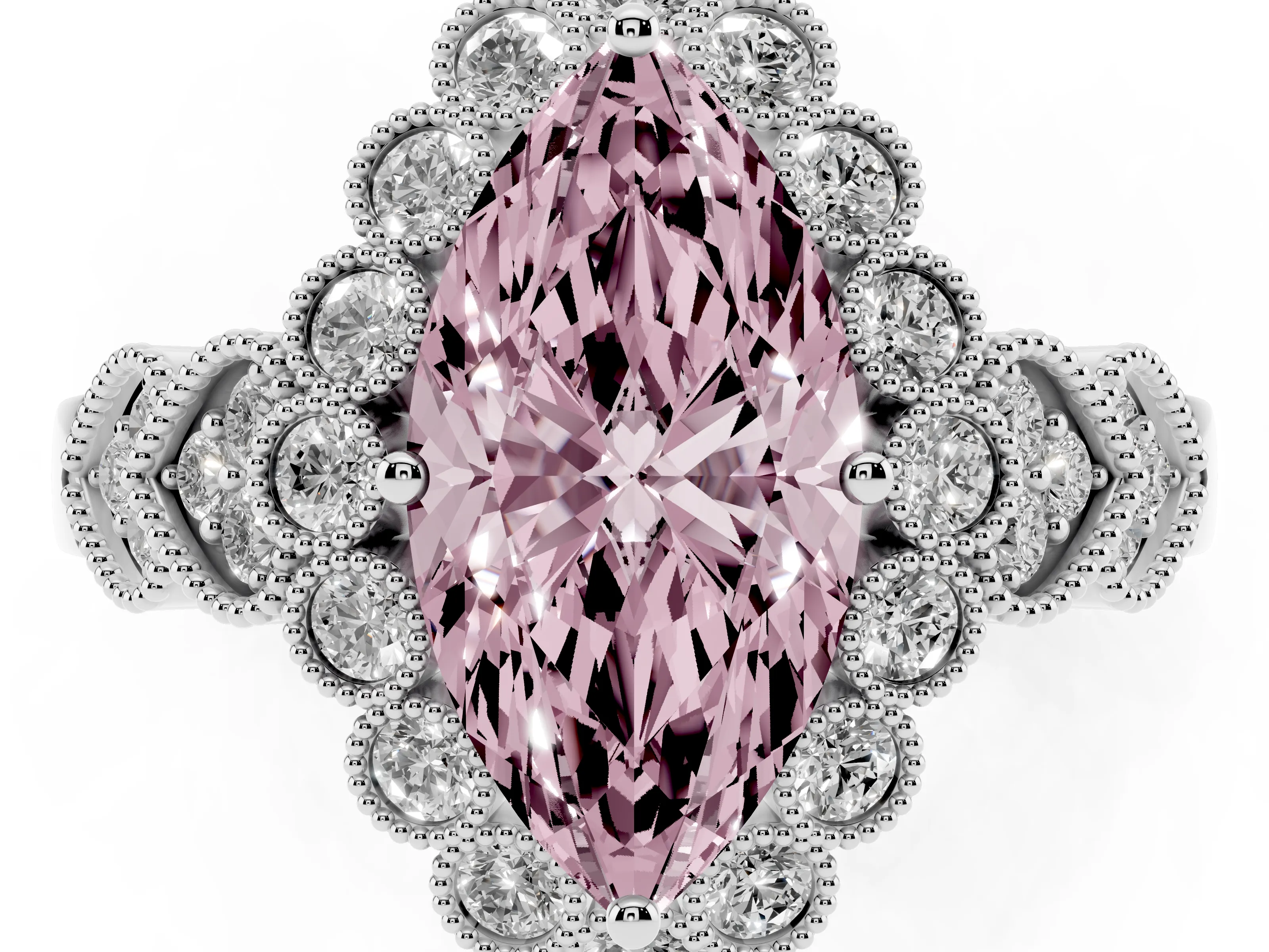 Fancy Pink Marquise Cut Diamond Solitaire Ring Set in Platinum with Milgrain Pavé Heart Band