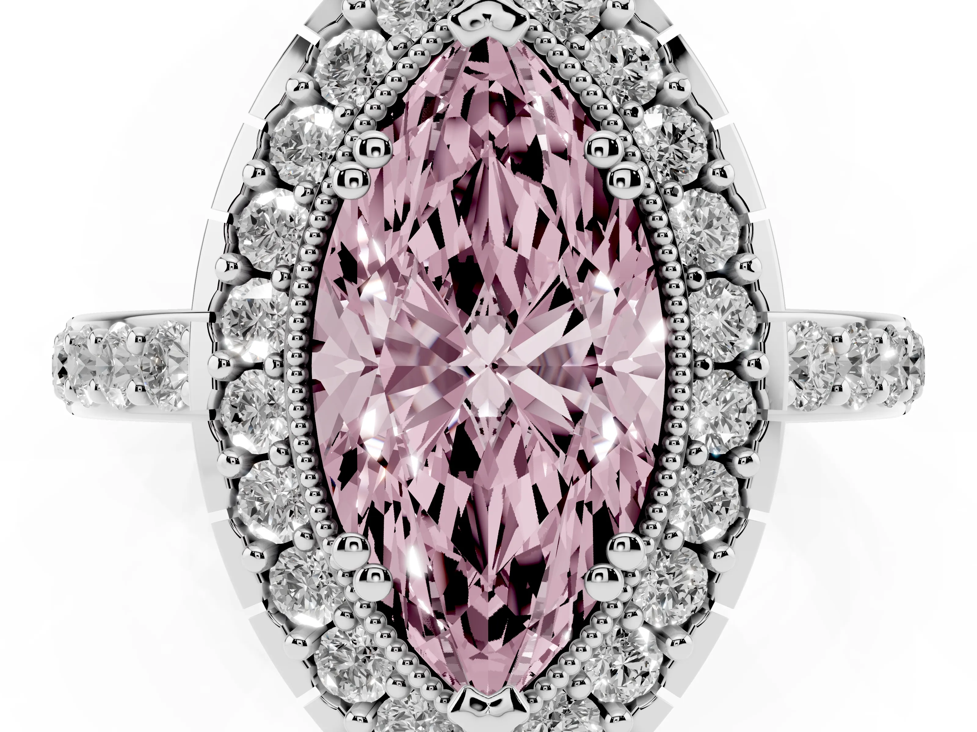 Fancy Pink Marquise Cut Diamond Halo Ring Set in White gold with Pavé Shank and Prong Setting