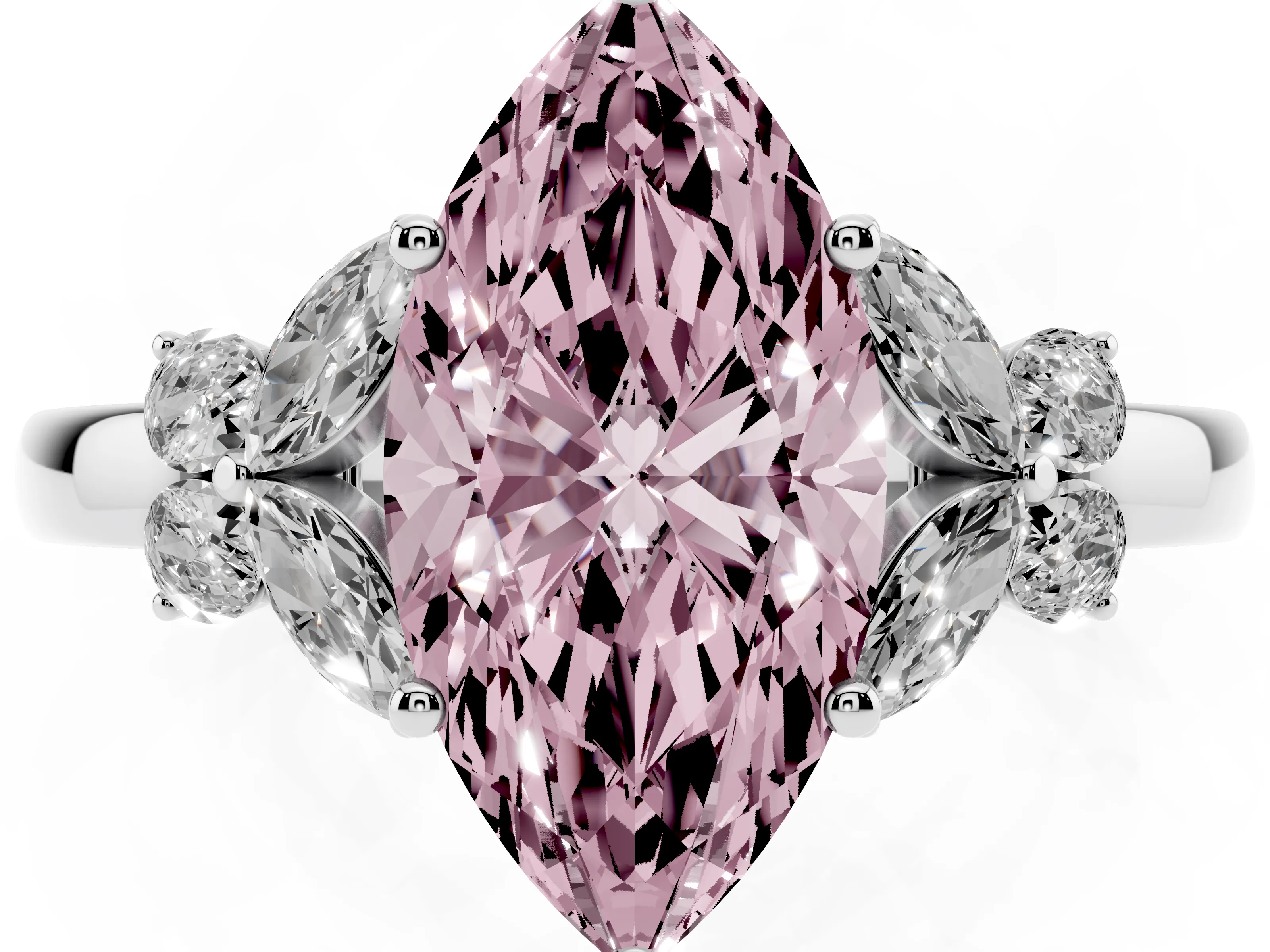 Fancy Pink Marquise Cut Diamond Solitaire Floral Ring Set in Platinum with Marquise Petals and Prong Setting