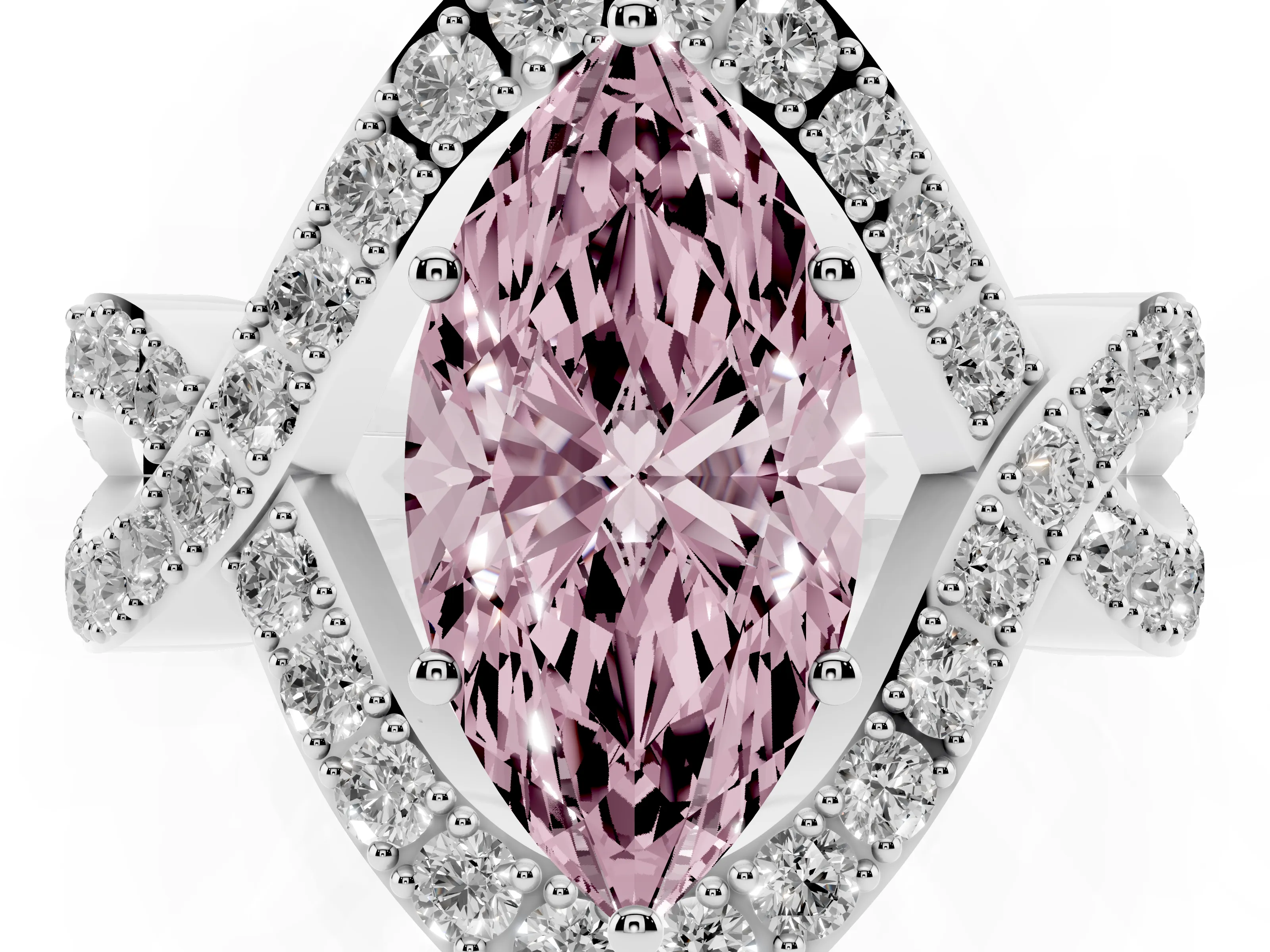 Fancy Pink Marquise Cut Diamond Solitaire Twist Band Pavé Engagement Ring Set in Platinum