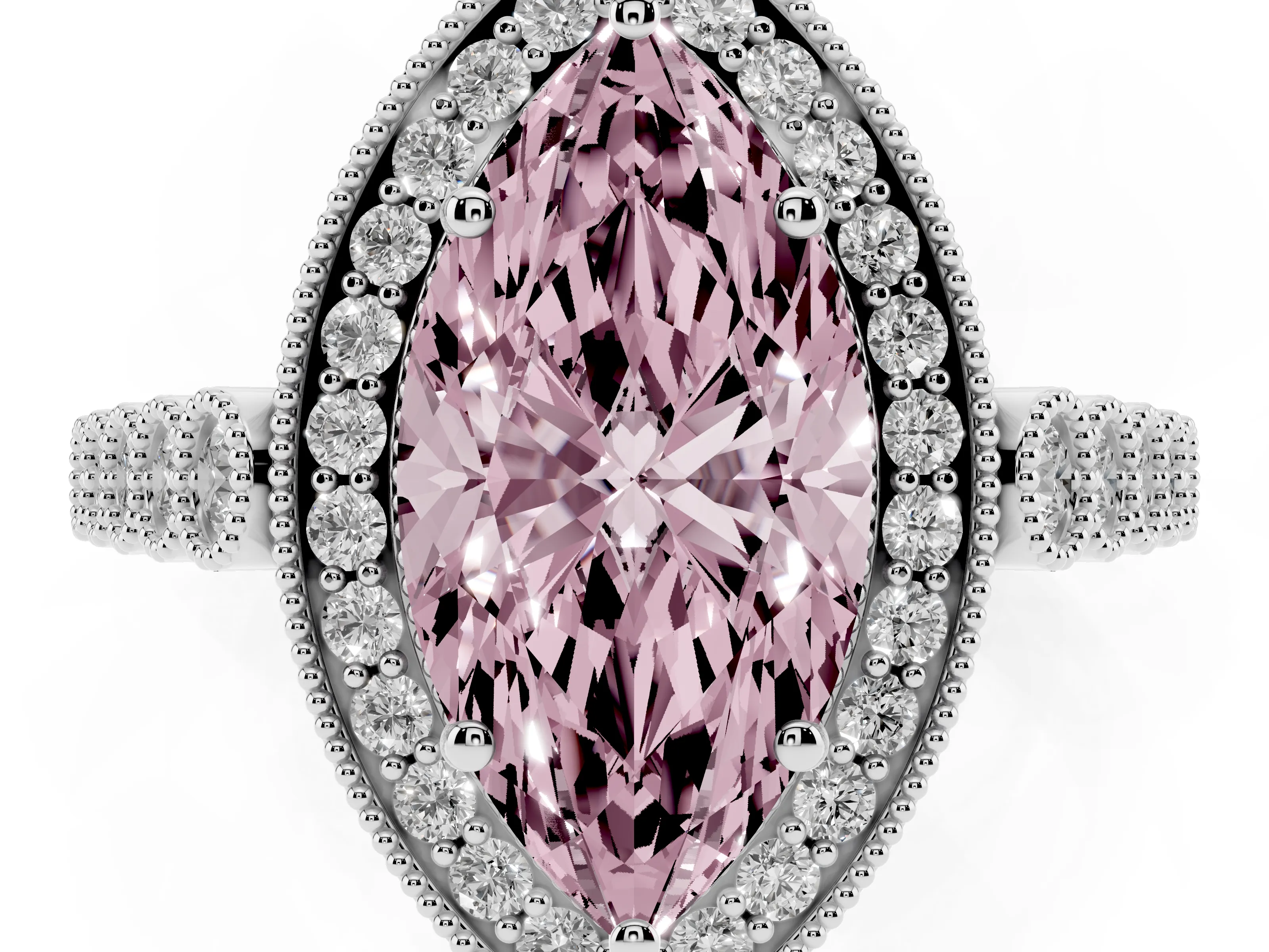 Fancy Pink Marquise Cut Diamond Milgrain Halo Solitaire Ring Set in White gold with Bezel Set Side Stones and Pavé Band