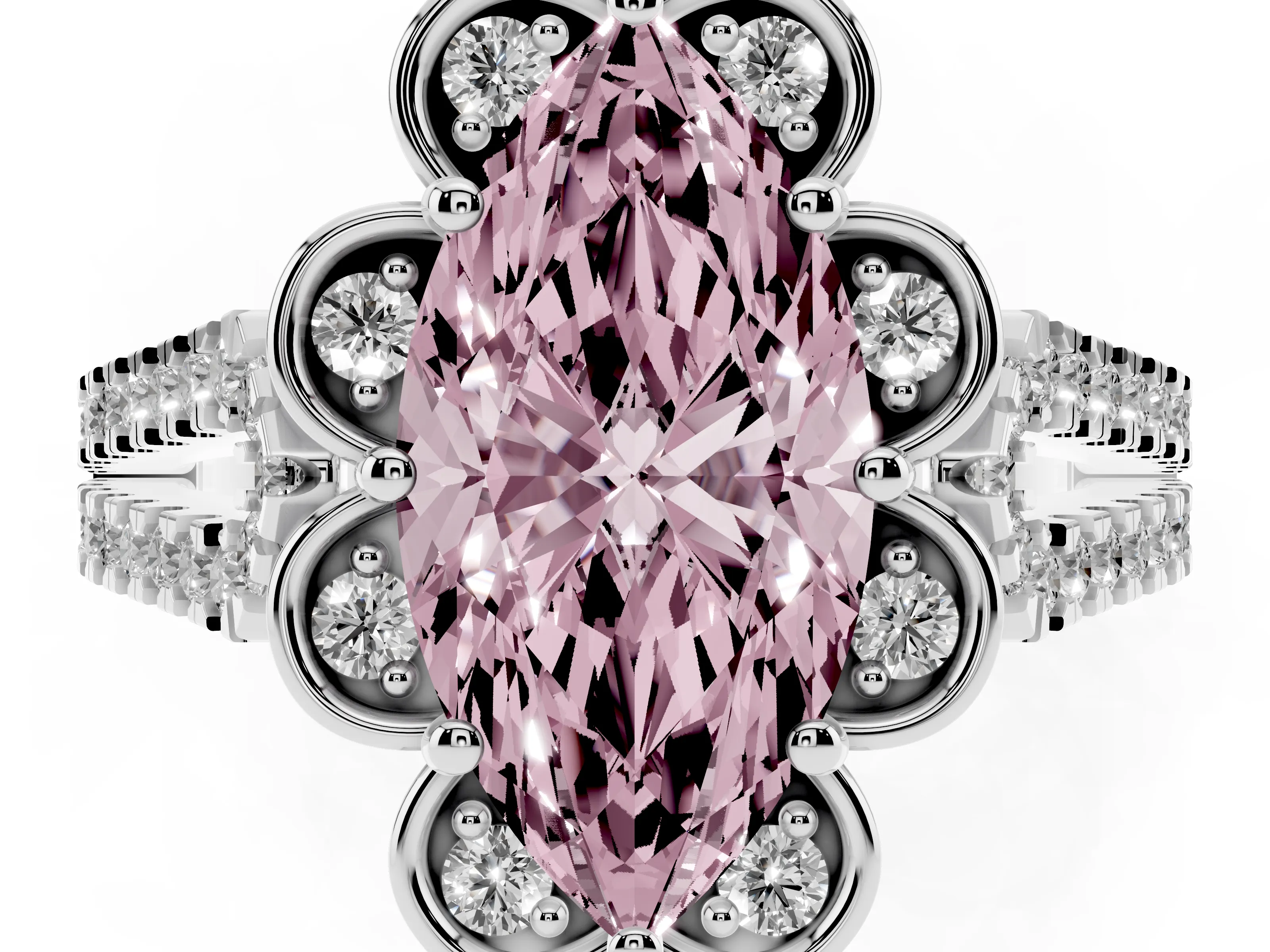 Fancy Pink Marquise Cut Diamond Floral Halo Split Shank Engagement Ring Set in Platinum with Pavé Shank