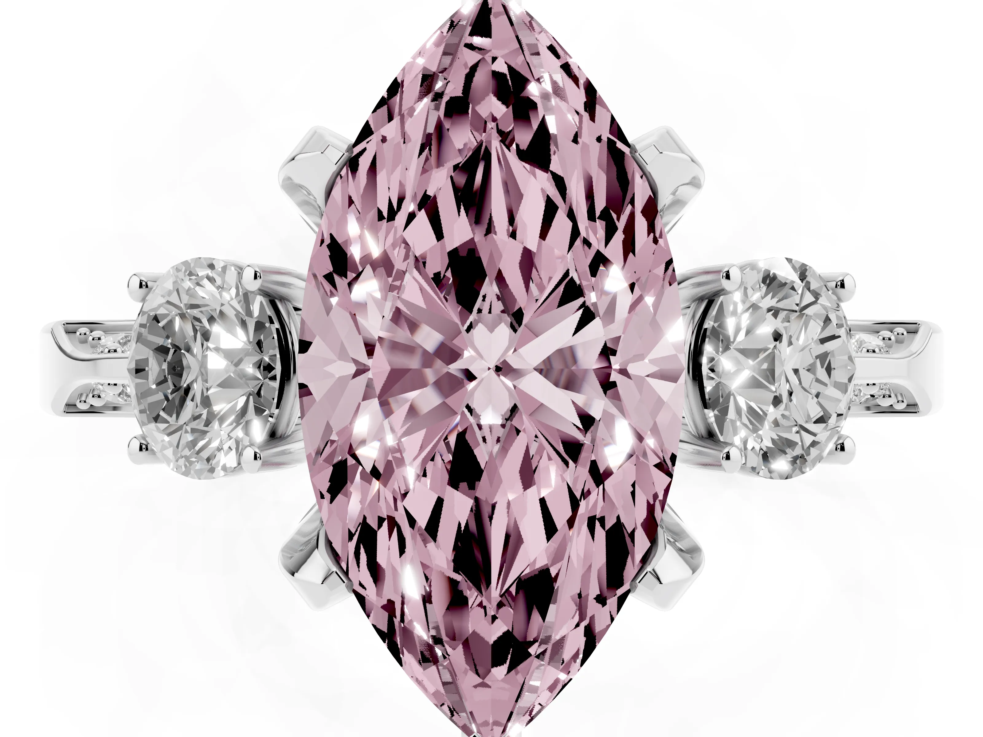 Fancy Pink Marquise Cut Diamond Three-Stone Ring Set in White gold with Pavé Band and Smaller Side Stones