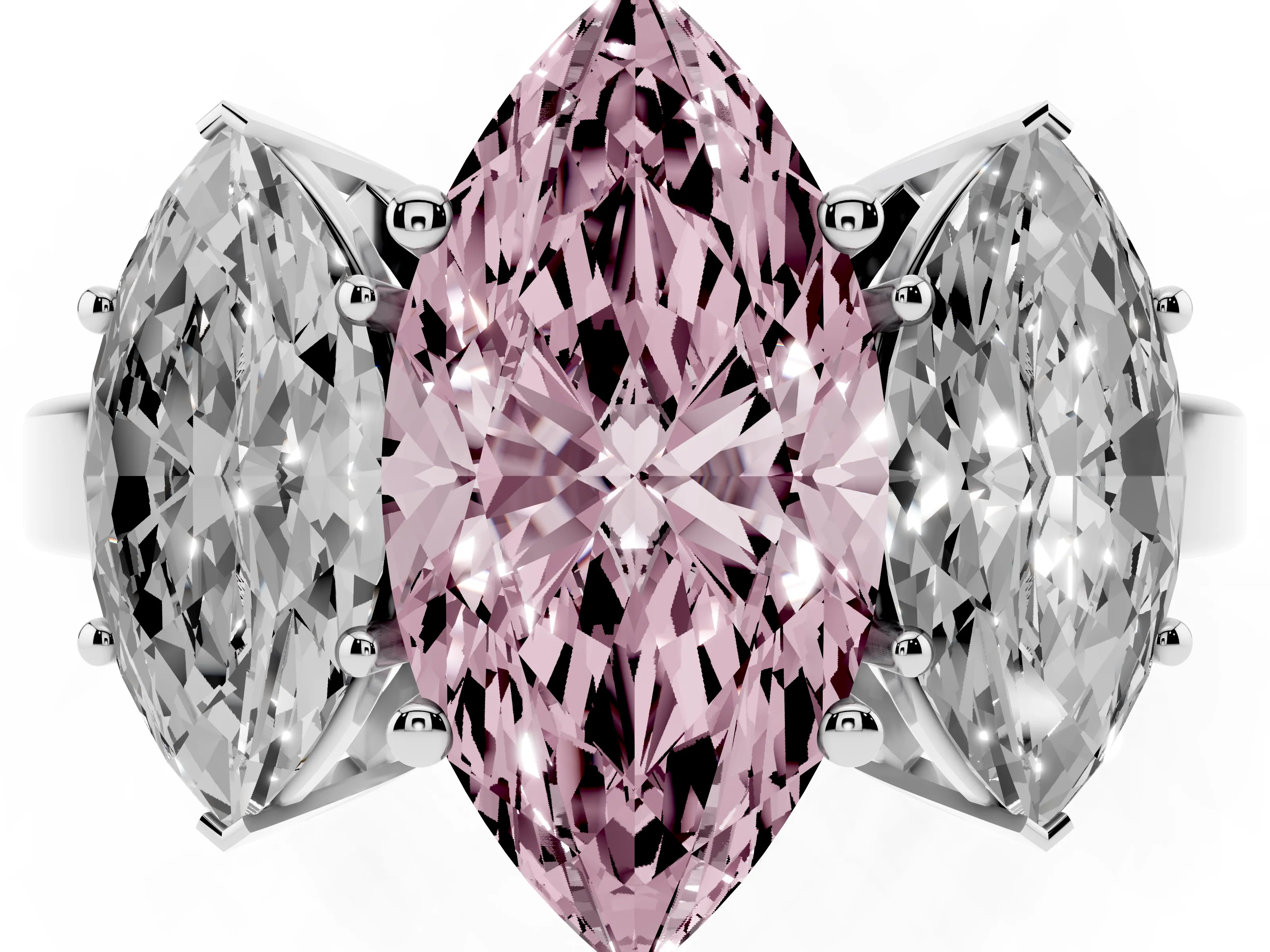 Fancy Pink Marquise Cut Diamond Three-Stone Engagement Ring Set in Platinum with Flat Band