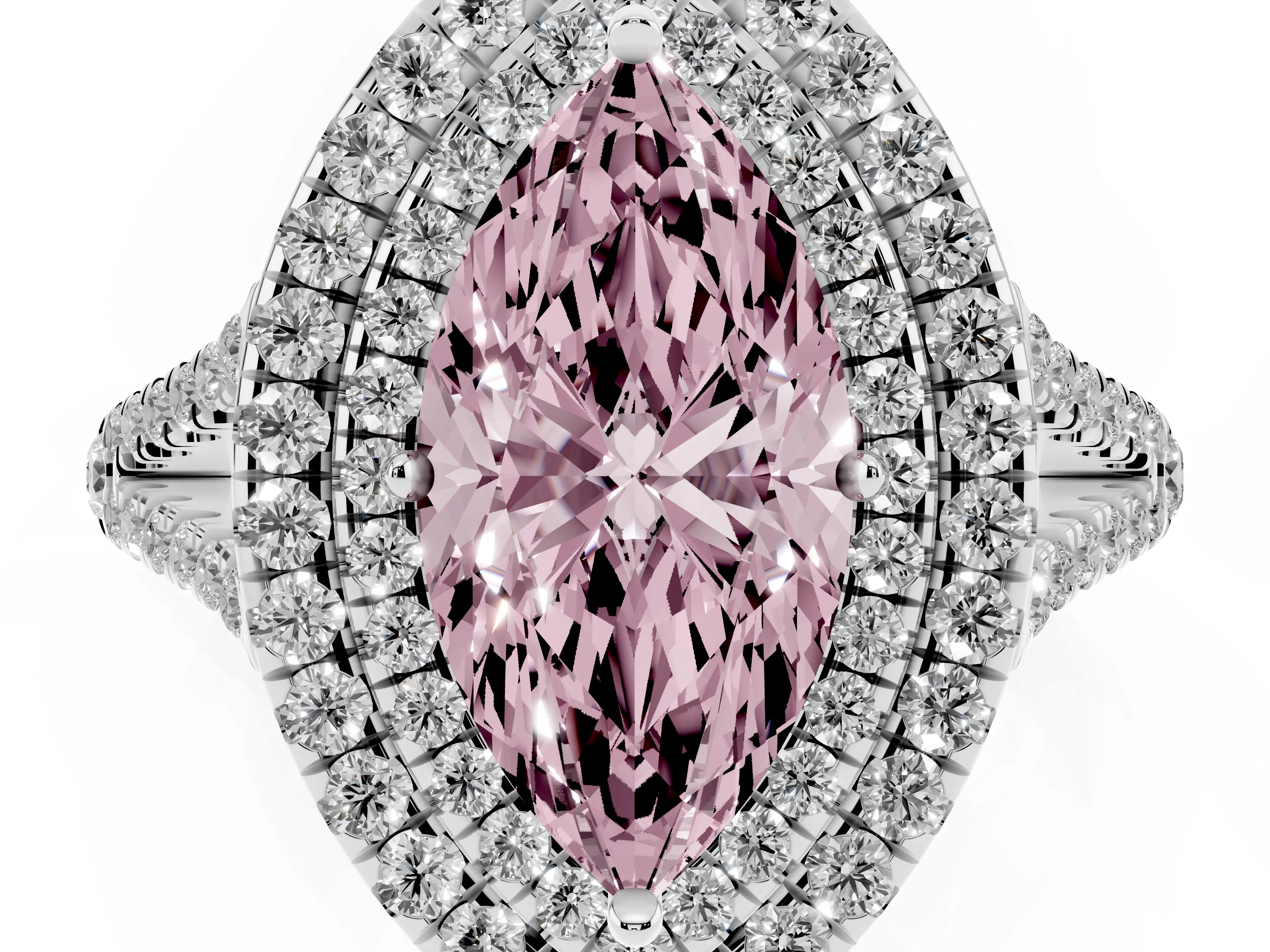 Fancy Pink Marquise Cut Diamond Double Halo Ring Set in Platinum with Pavé Band