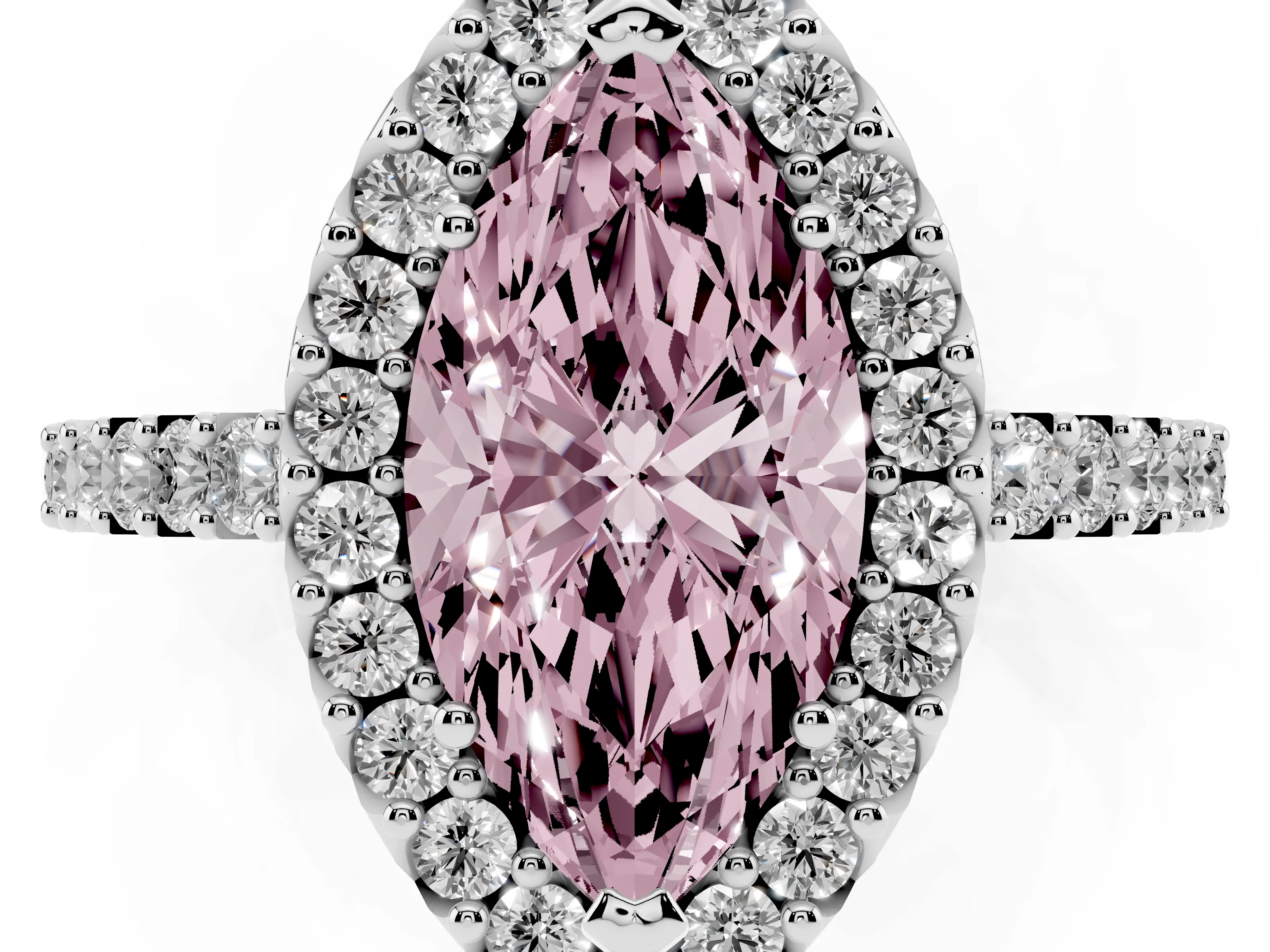 Fancy Pink Marquise Cut Diamond Halo Pavé Solitaire Ring Set in White gold with Prong-Set Center Stone