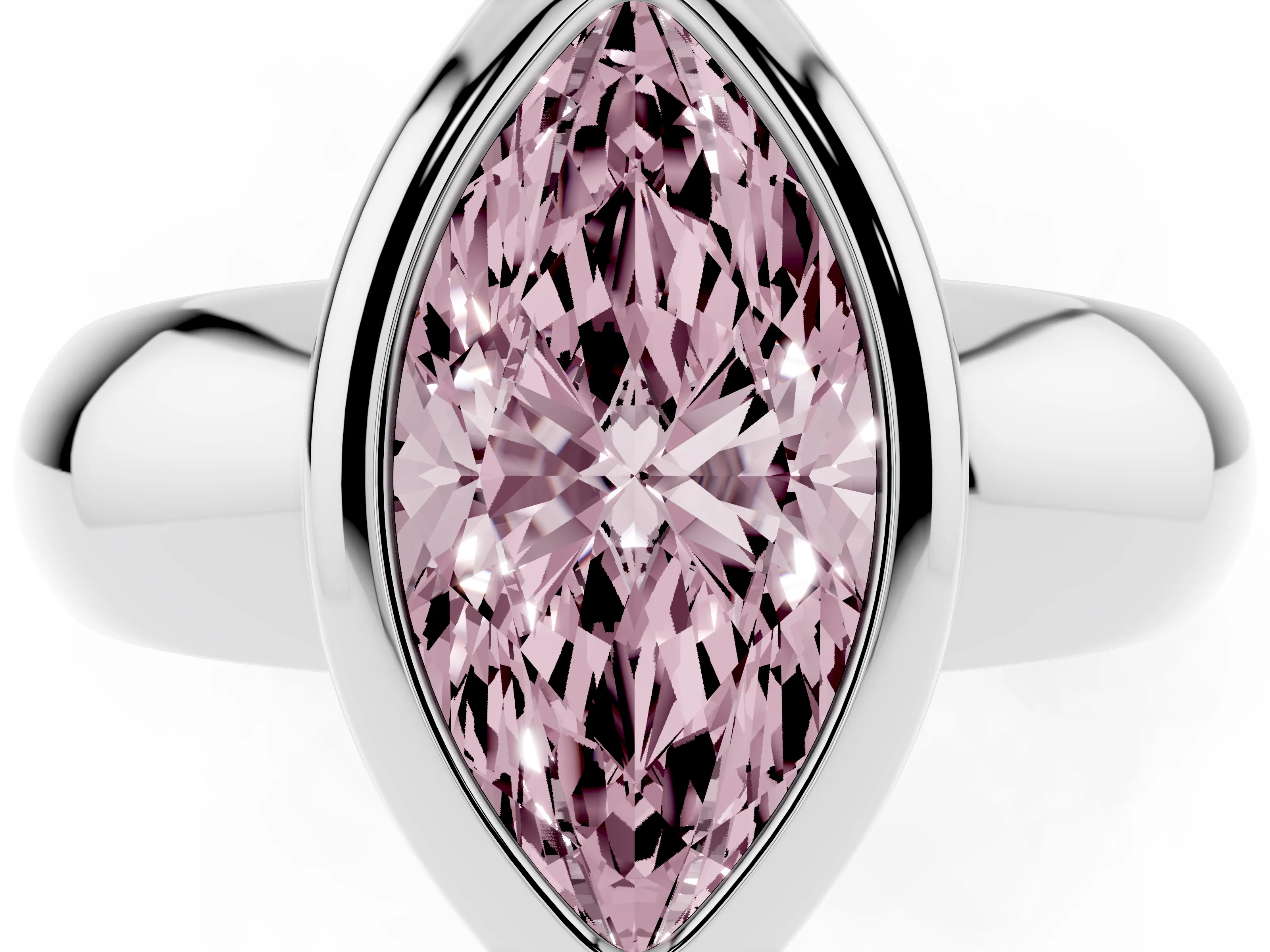 Fancy Pink Bezel Set Marquise Cut Diamond Solitaire Ring Set in Platinum with Wide Band