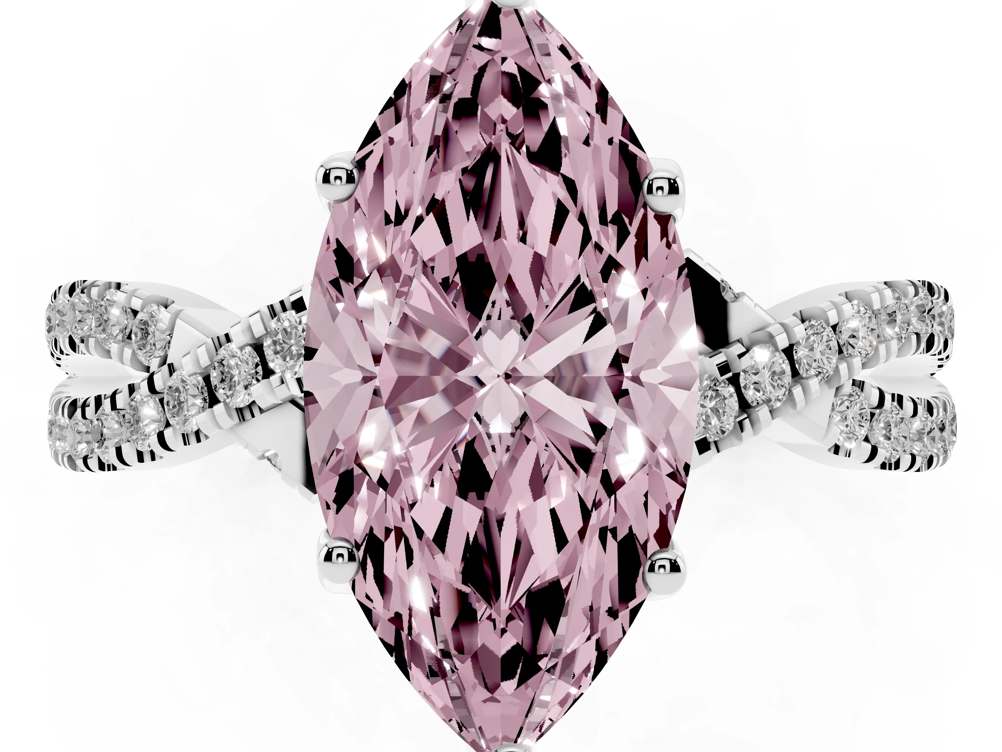Fancy Pink Marquise Cut Diamond Twist Pavé Solitaire Engagement Ring Set in White gold with Prong Setting