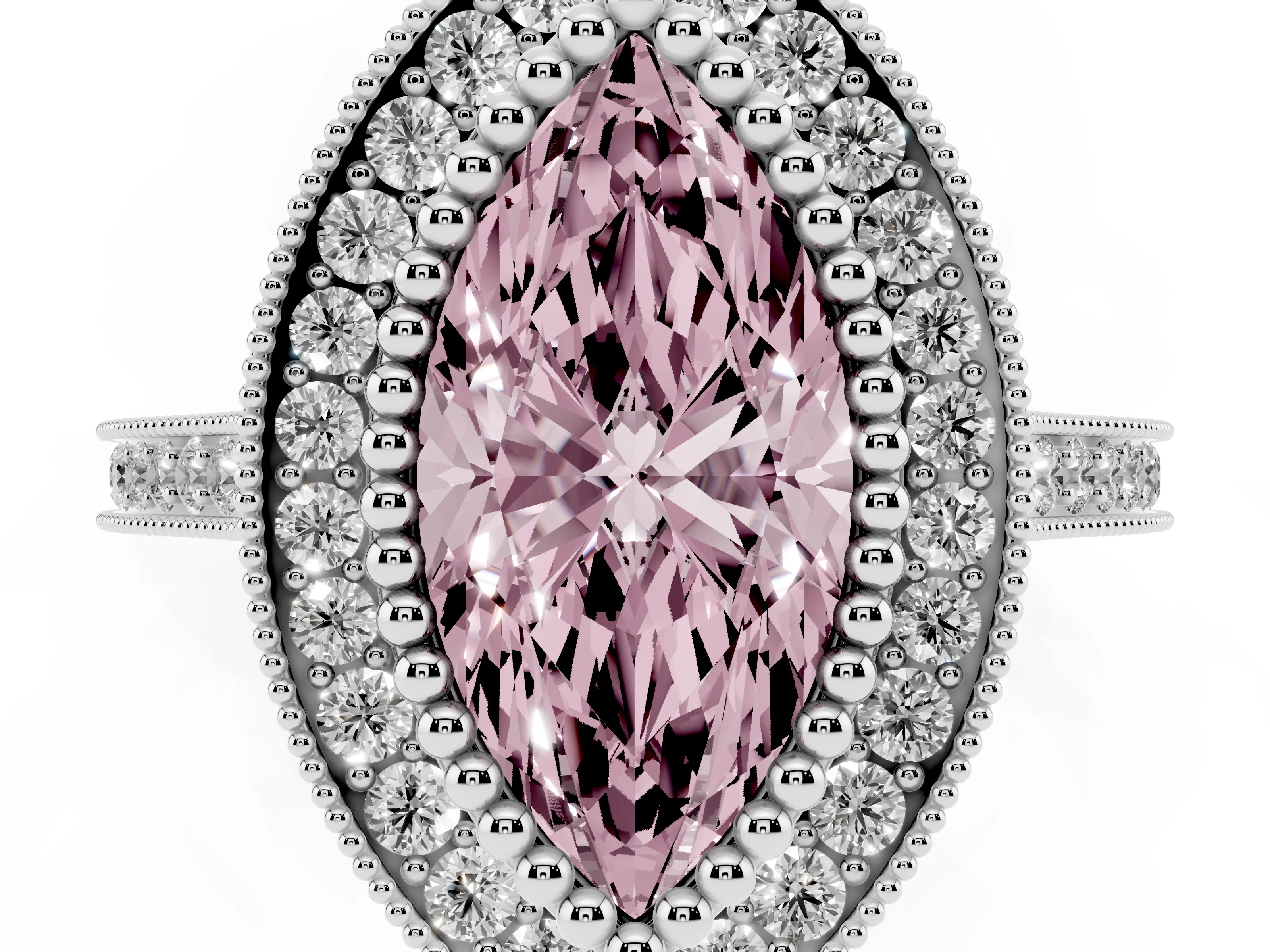 Fancy Pink Marquise Cut Diamond Halo Ring Set in White gold with Milgrain Frame and Pavé Band