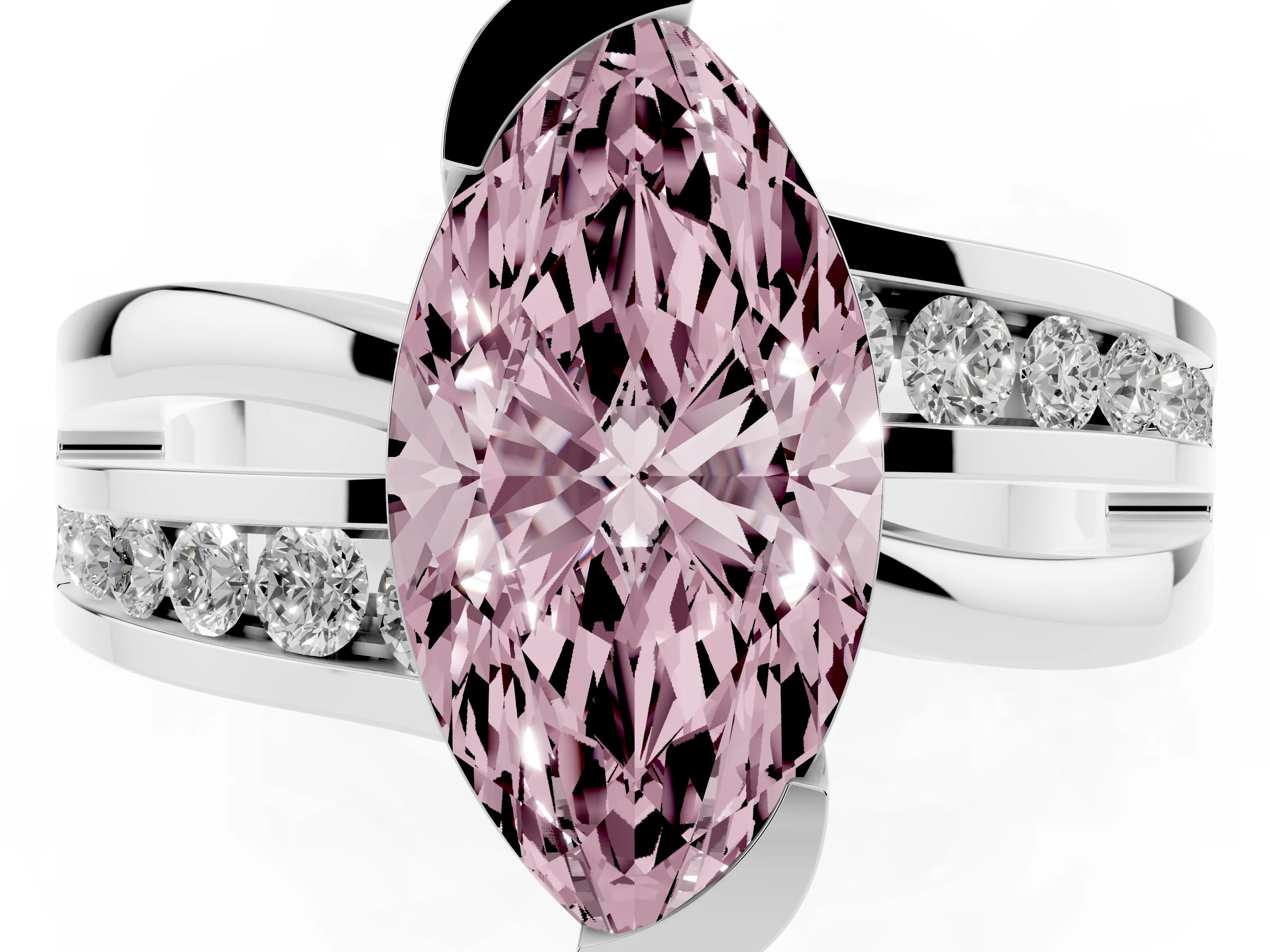 Fancy Pink Marquise Cut Diamond Solitaire Ring Set in Silver with Channel Set Split Shank and Tension Prongs