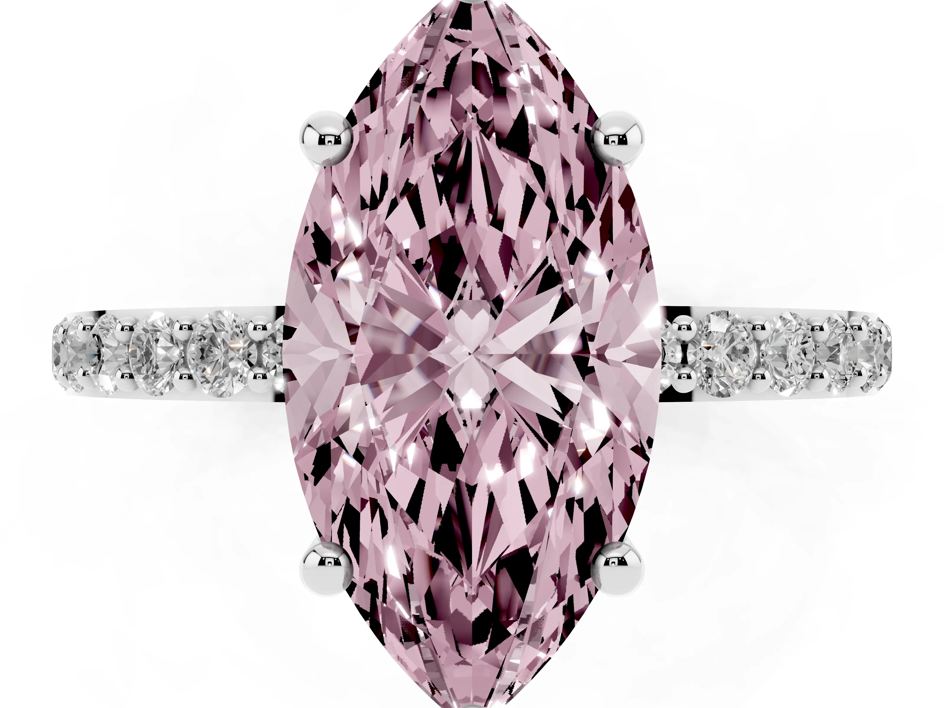 Fancy Pink Marquise Cut Diamond Solitaire Ring Set in Platinum with Round Pavé Band and Prong Setting