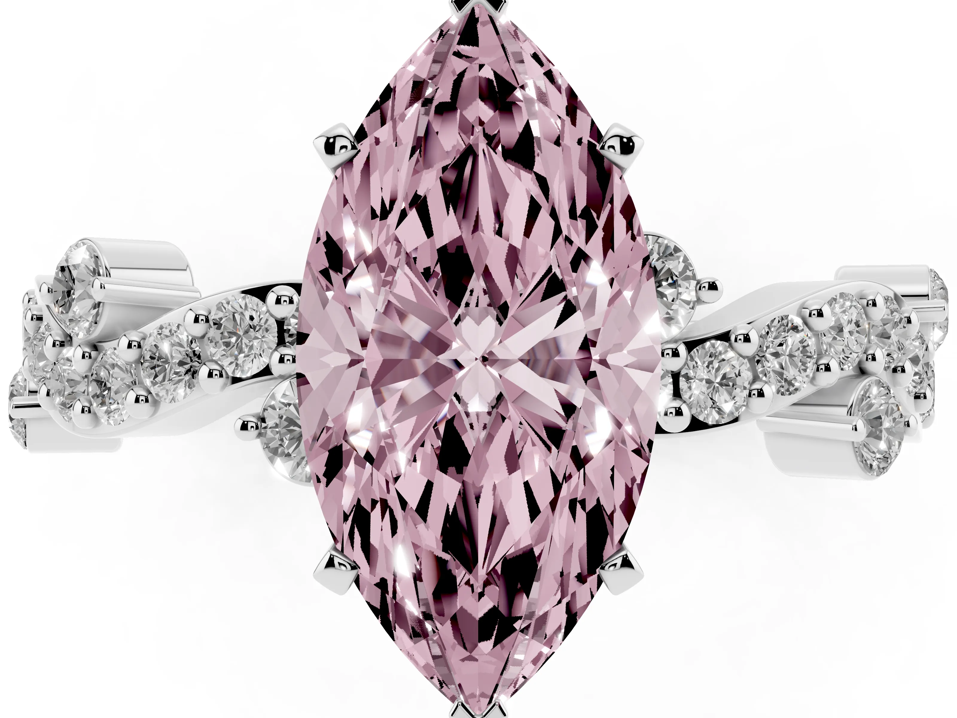 Fancy Pink Marquise Cut Diamond Solitaire Twisted Band Set in Platinum with Pavé Setting