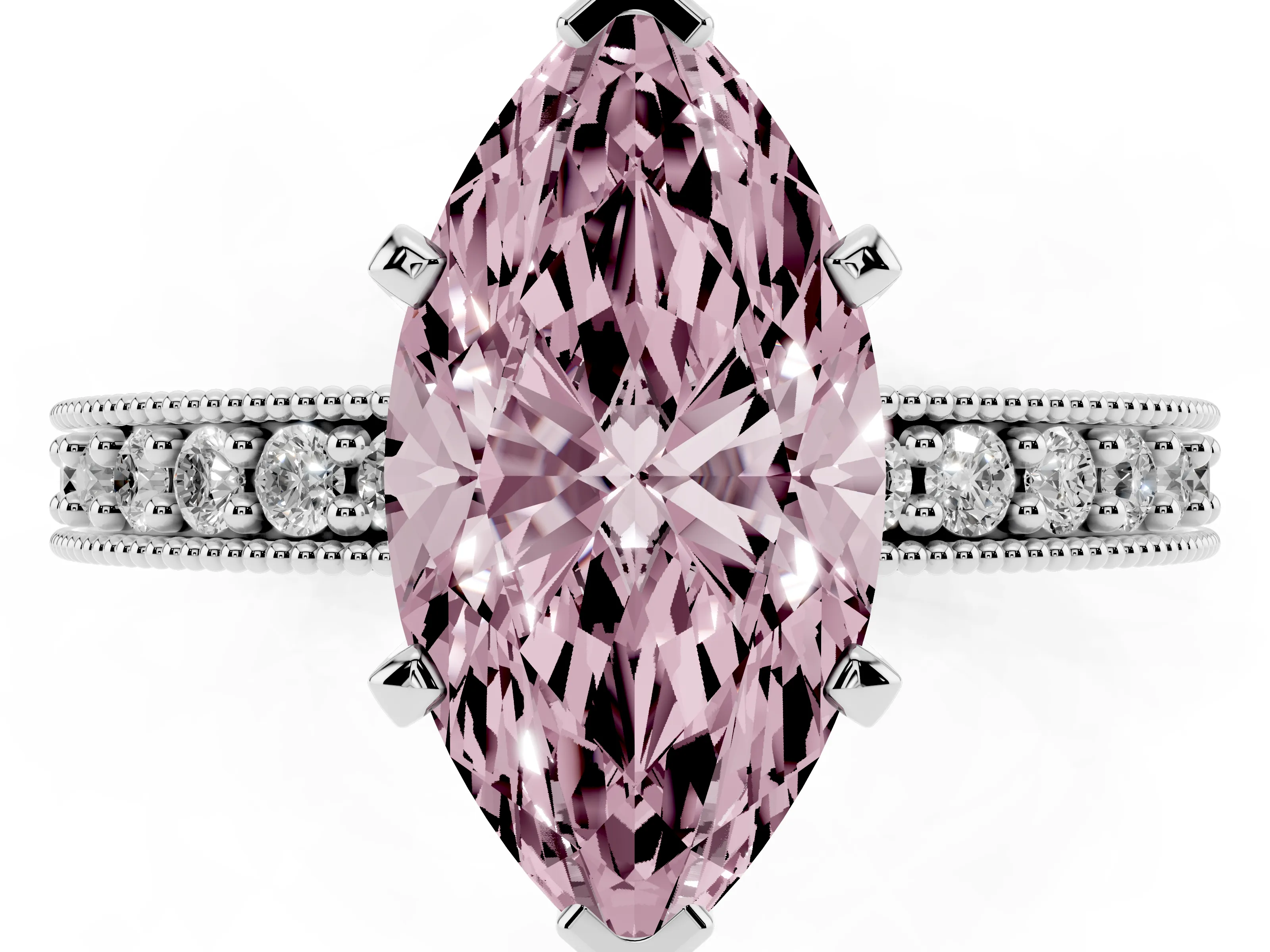 Fancy Pink Marquise Cut Diamond Milgrain Pavé Engagement Ring Set in Platinum with Prong Setting