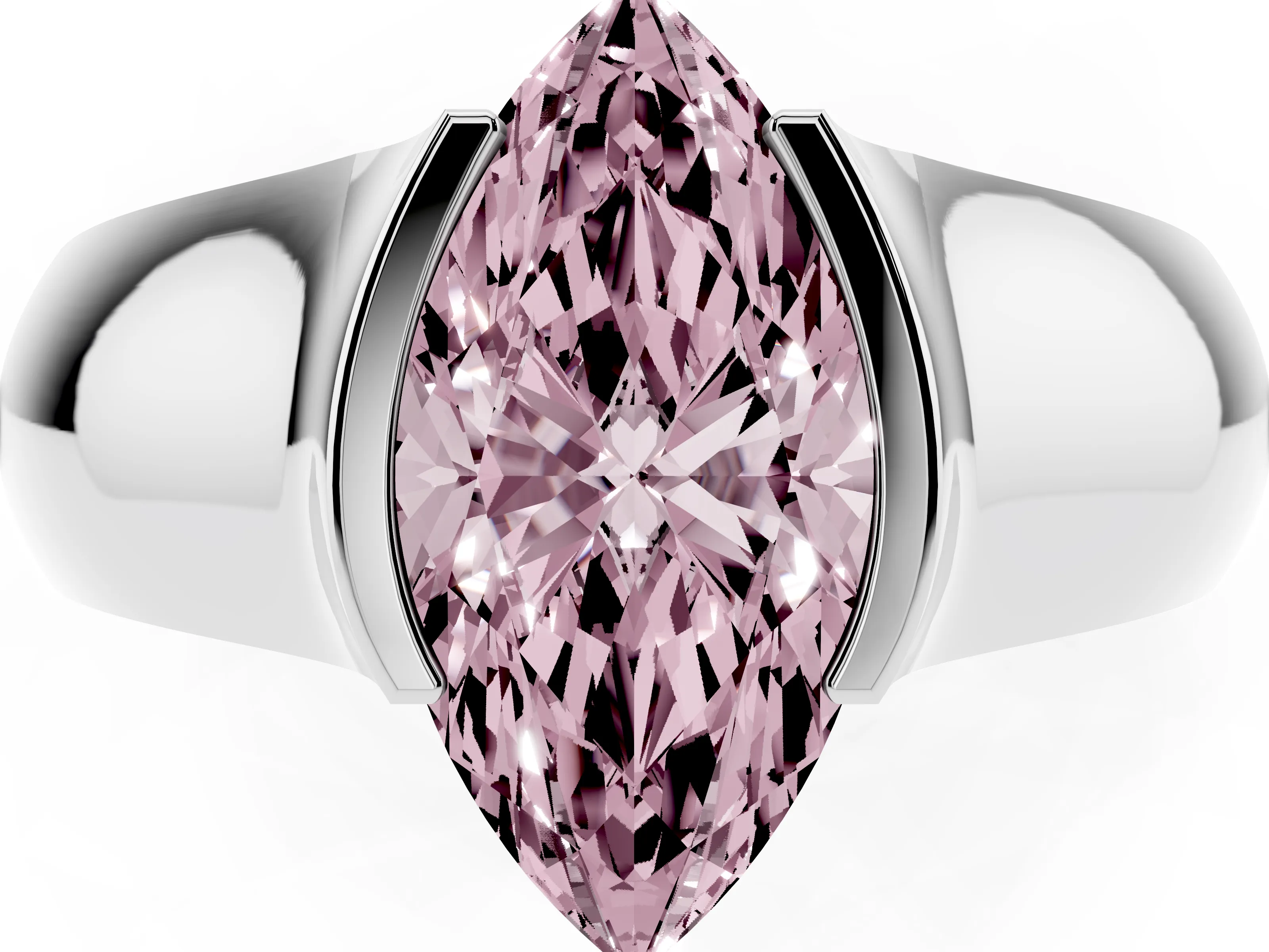 Fancy Pink Marquise Cut Diamond Bezel Solitaire Ring Set in White gold with Wide Band