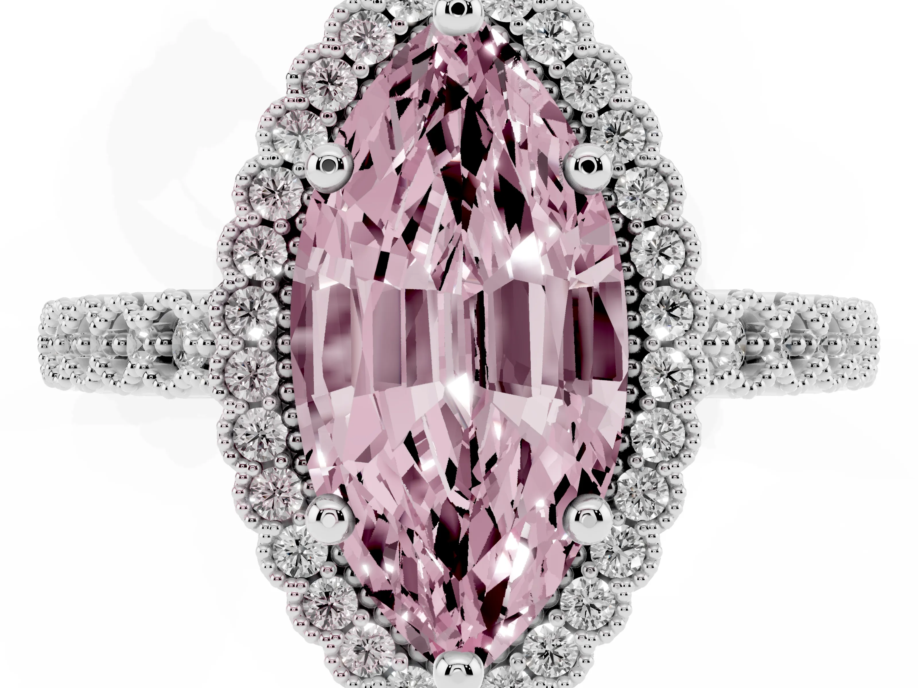 Fancy Pink Marquise Cut Diamond Halo Ring Set in Silver with Pavé Milgrain Band