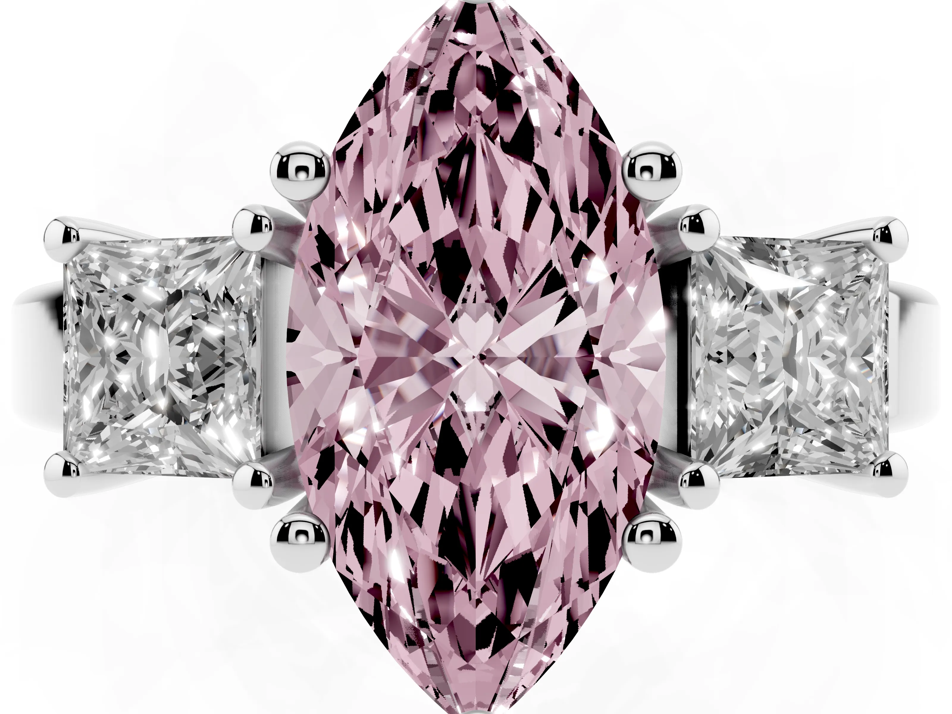 Fancy Pink Three-Stone Marquise Cut Diamond Solitaire Ring Set in Platinum with Prong Setting