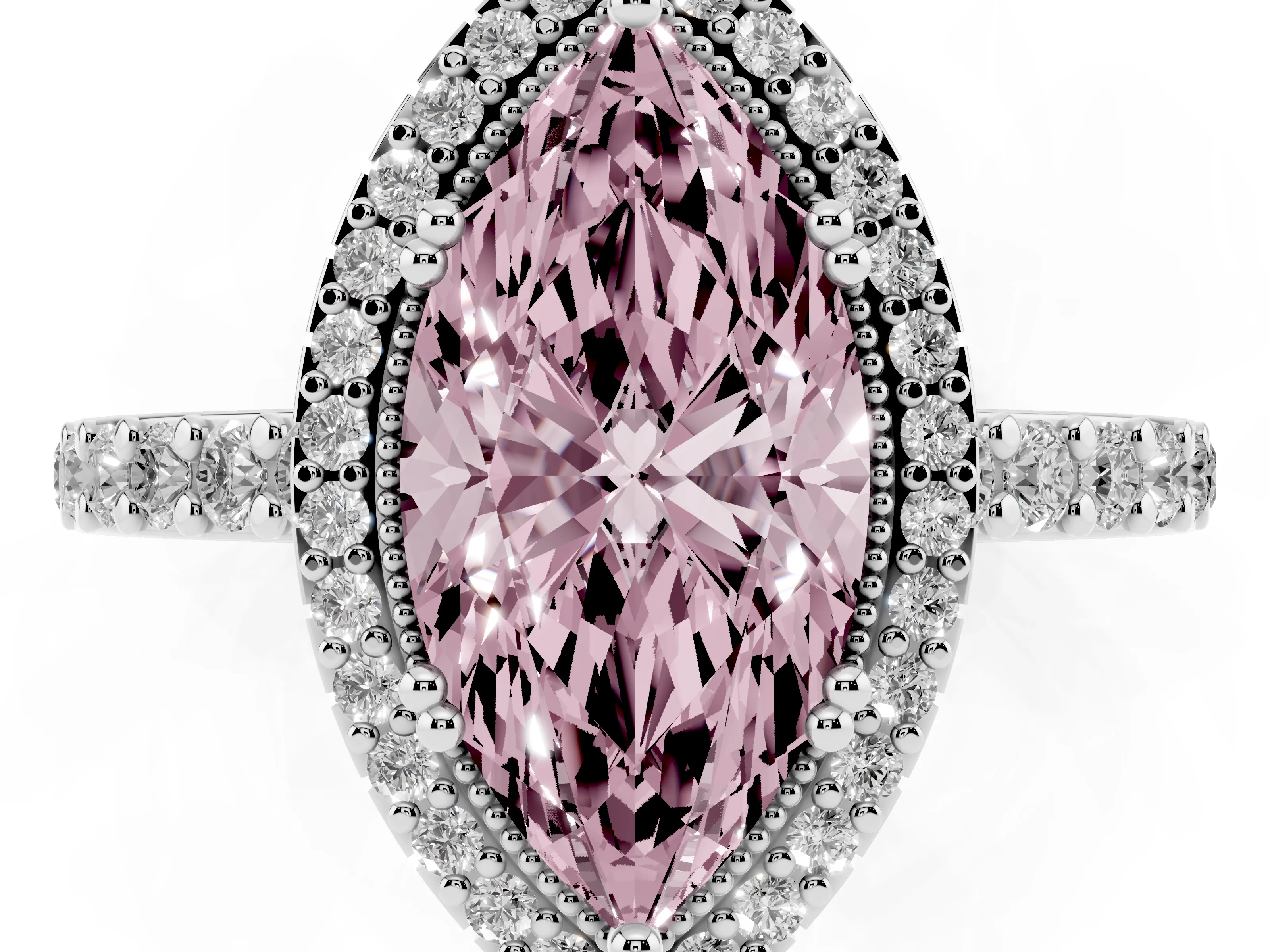 Fancy Pink Marquise Cut Diamond Halo Engagement Ring Set in Silver with Milgrain Detail and Pavé Band