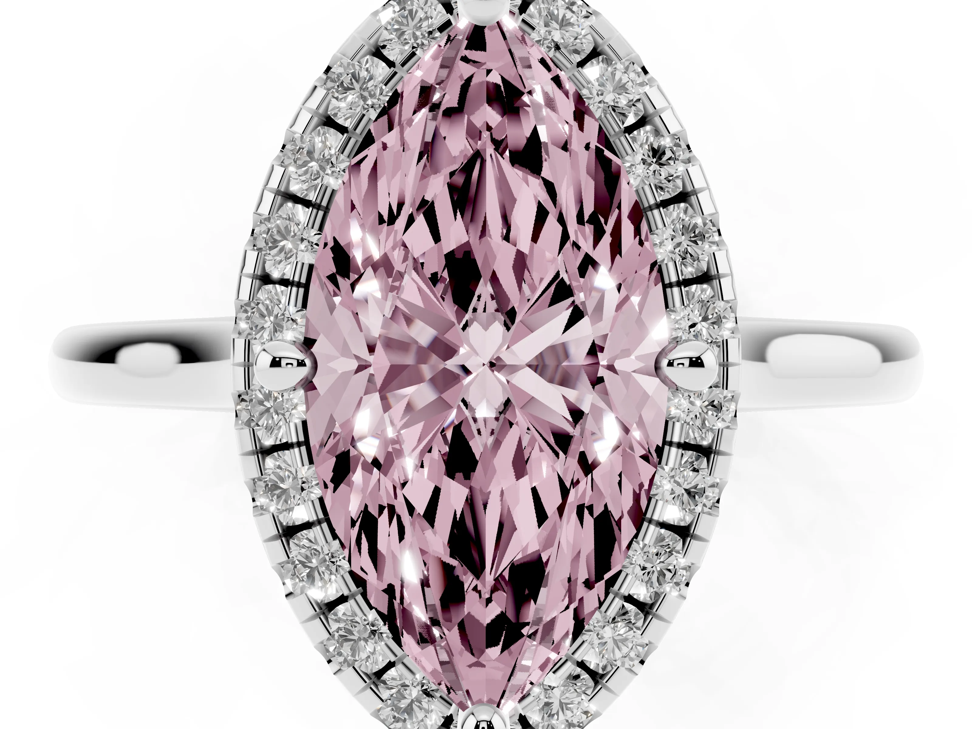 Fancy Pink Marquise Cut Diamond Halo Engagement Ring Set in Platinum with Pavé Band and Rising Shoulders