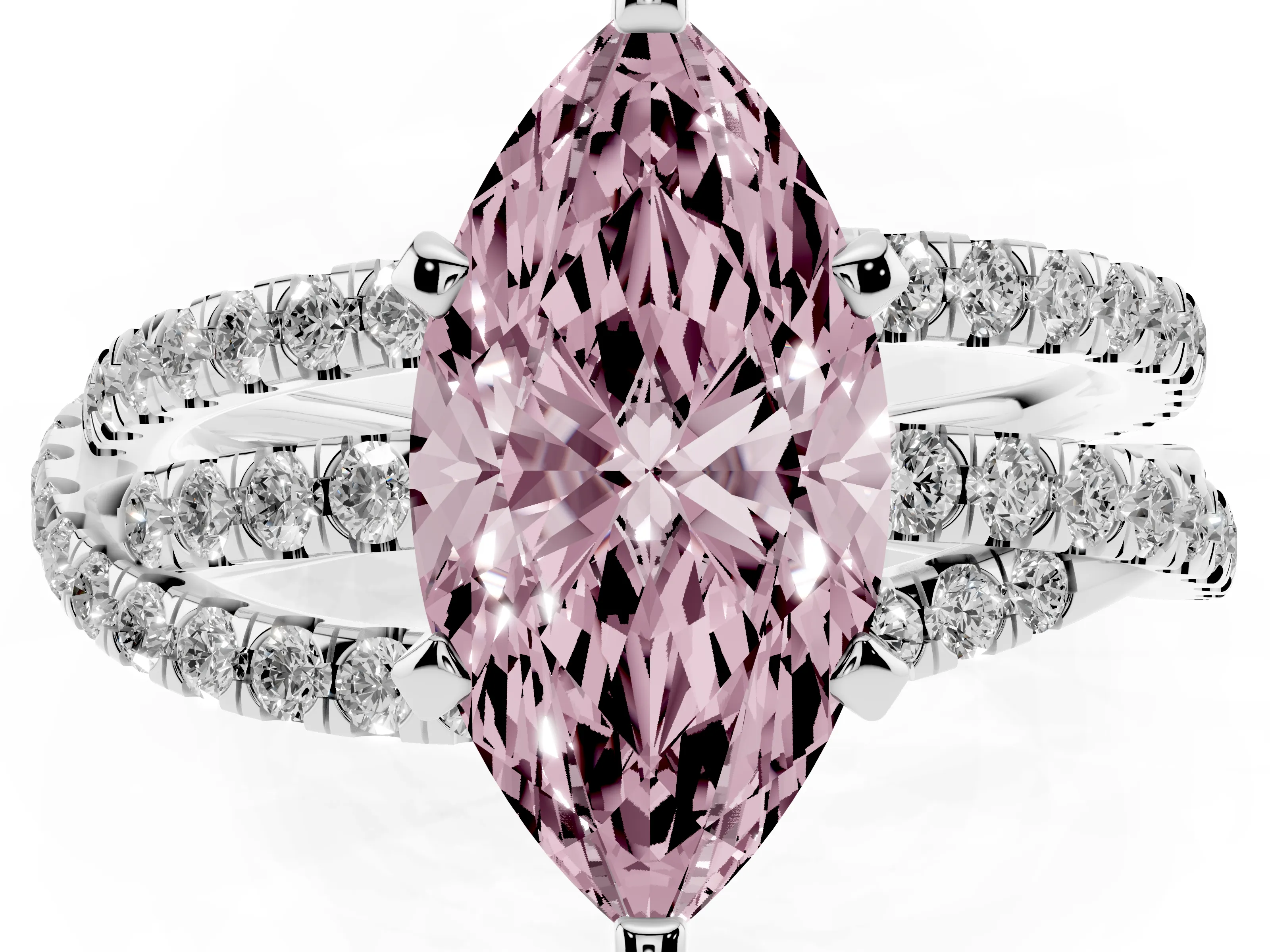 Fancy Pink Marquise Cut Diamond Solitaire Twist Band Ring Set in Silver with Pavé Setting and Prong Head