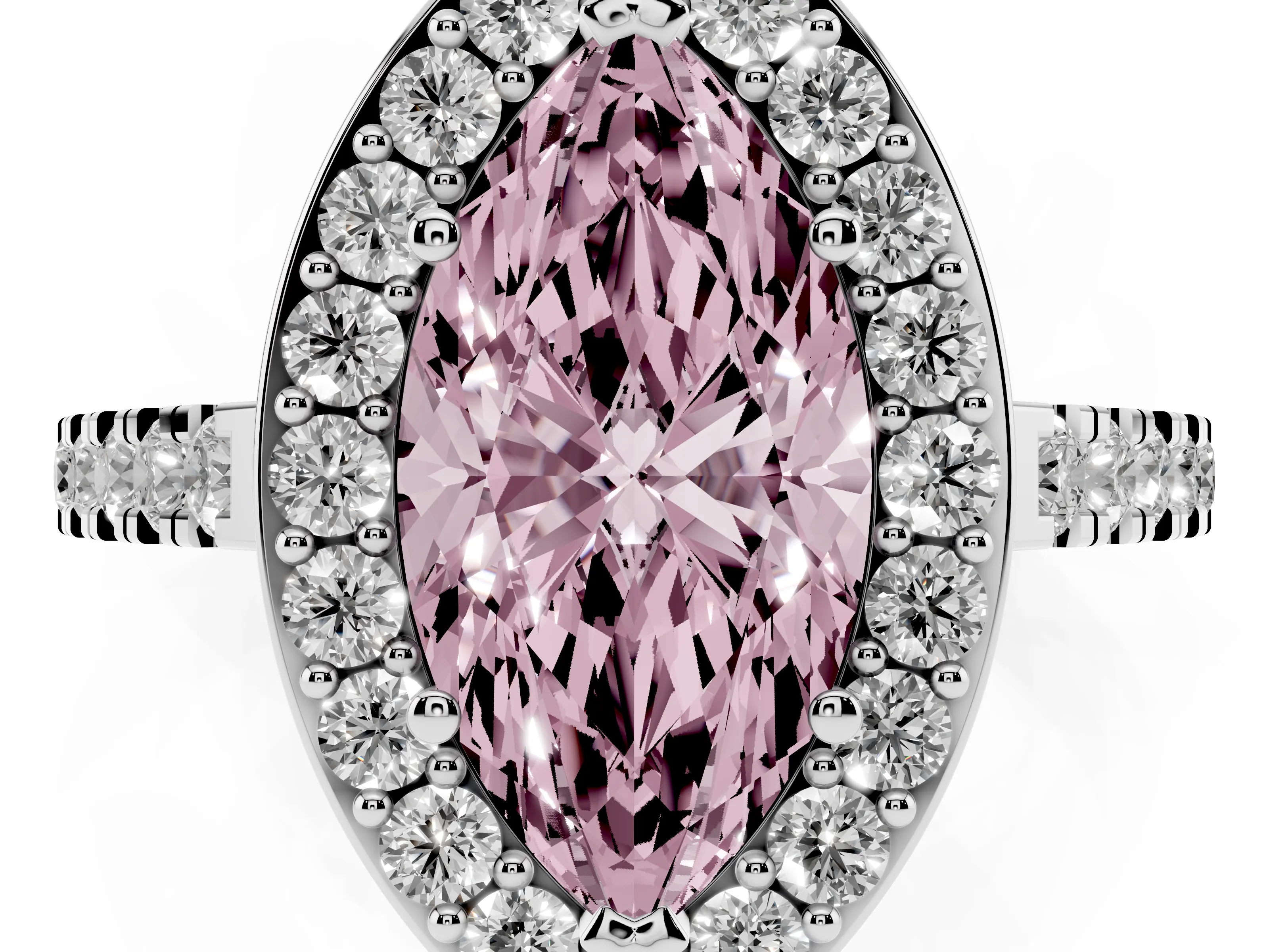 Fancy Pink Marquise Cut Diamond Halo Ring Set in Silver with Round Pavé Split Shank and Prong Setting