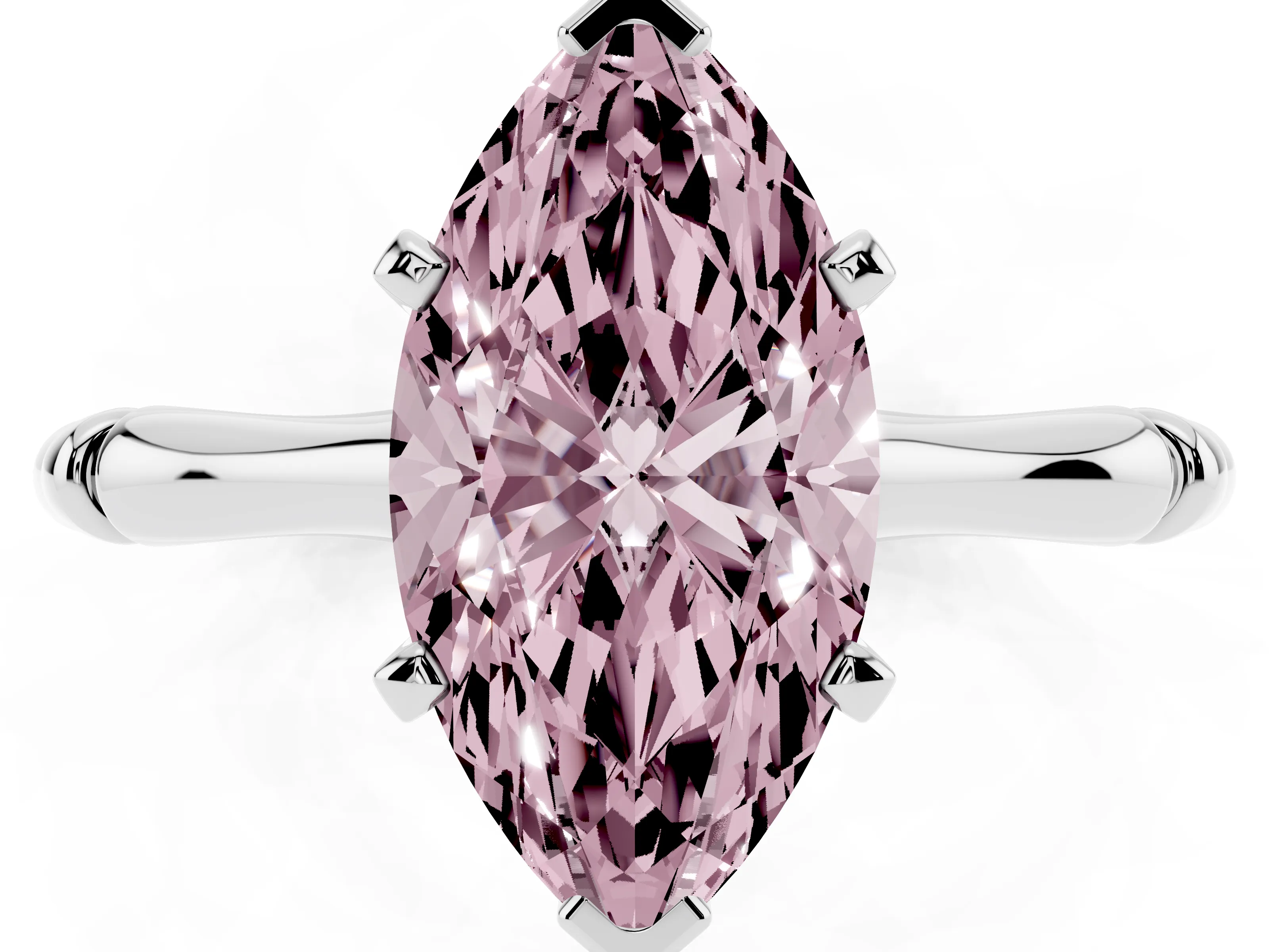 Fancy Pink Marquise Cut Diamond Solitaire Ring Set in Silver with Bamboo Band and Prong Setting