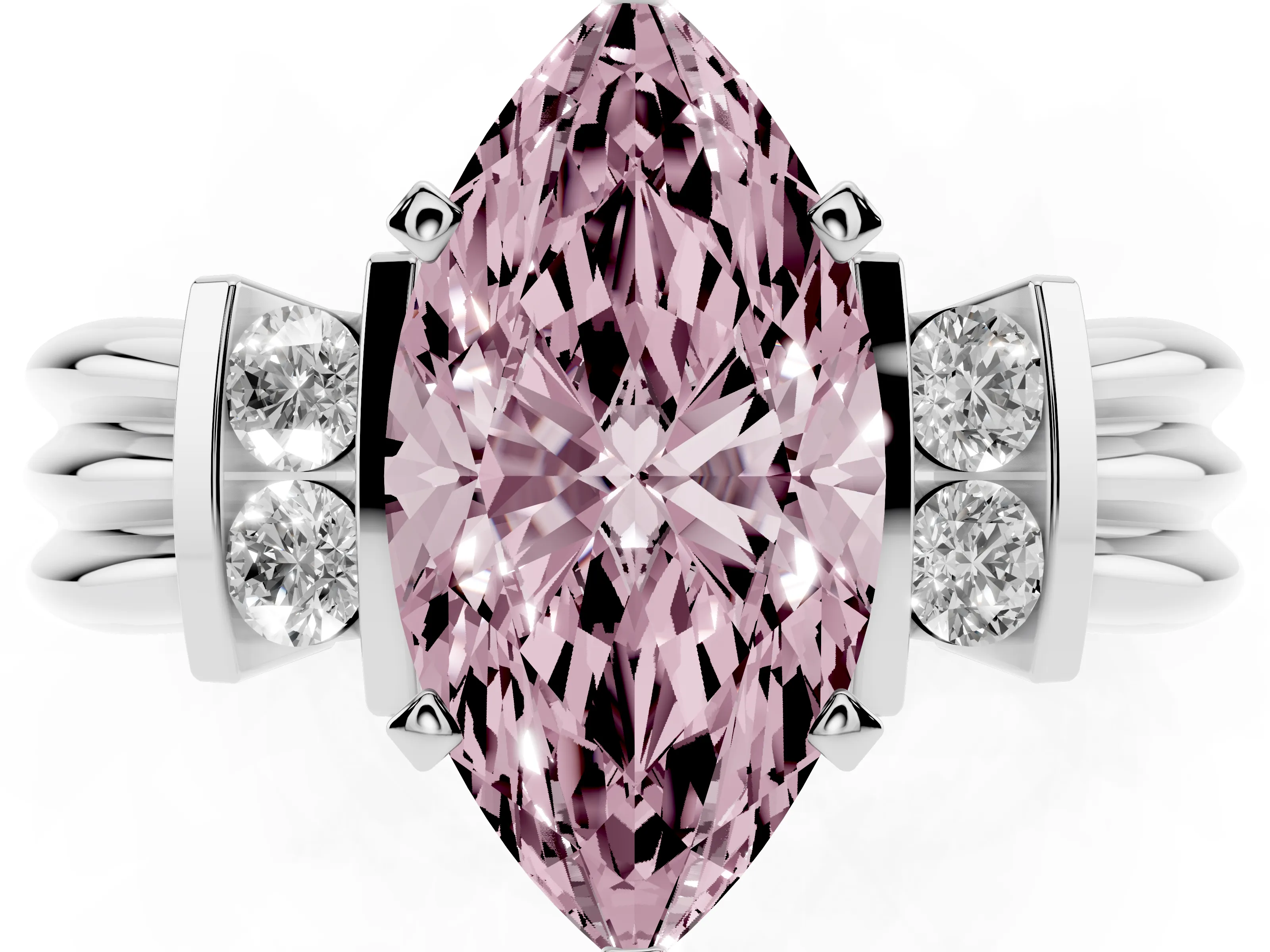 Fancy Pink Three-Stone Marquise Cut Diamond Channel Set Ring Set in White gold with Bar Prongs