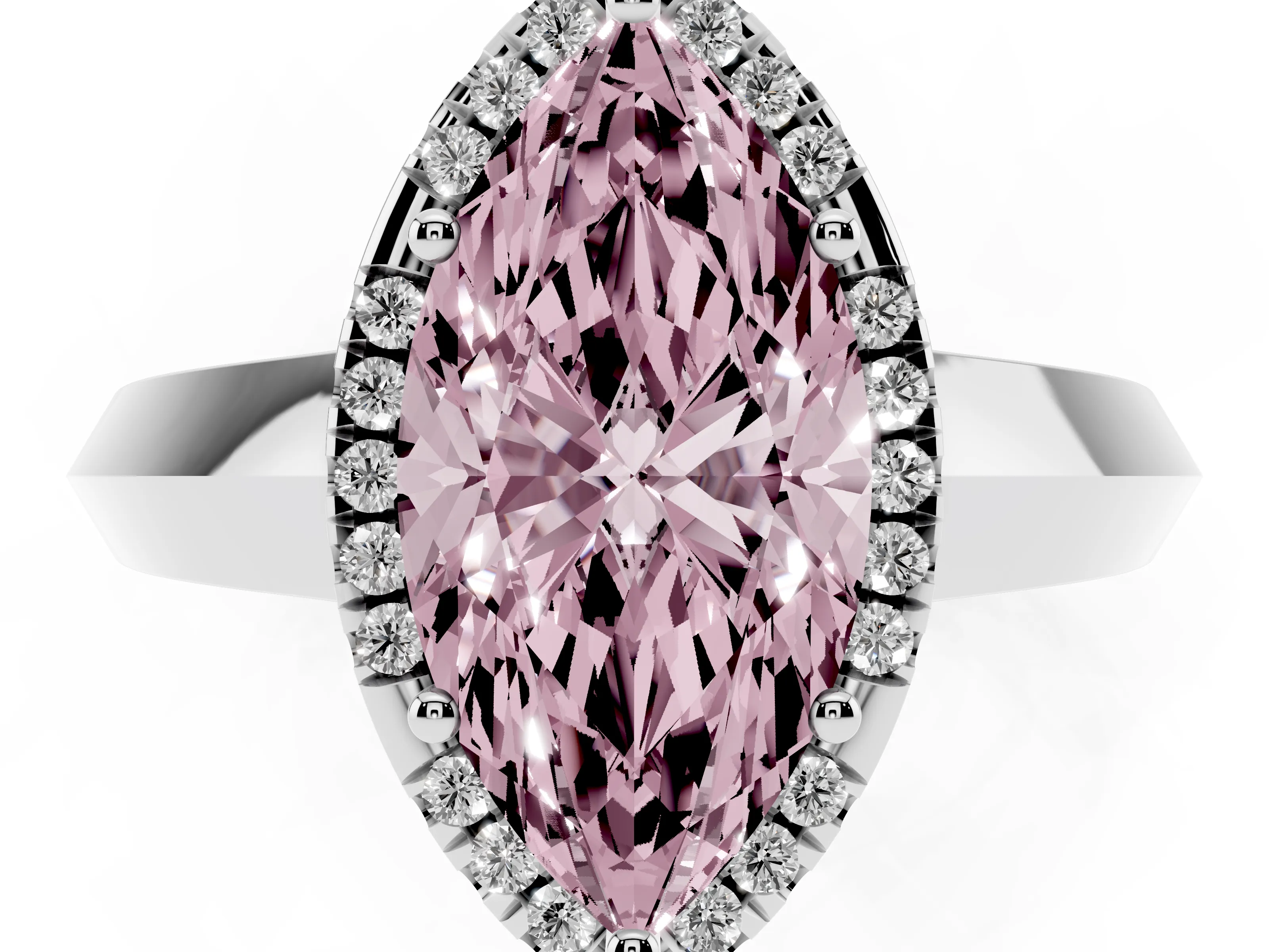Fancy Pink Marquise Cut Diamond Halo Ring Set in White gold with Cathedral Band and Prong Setting