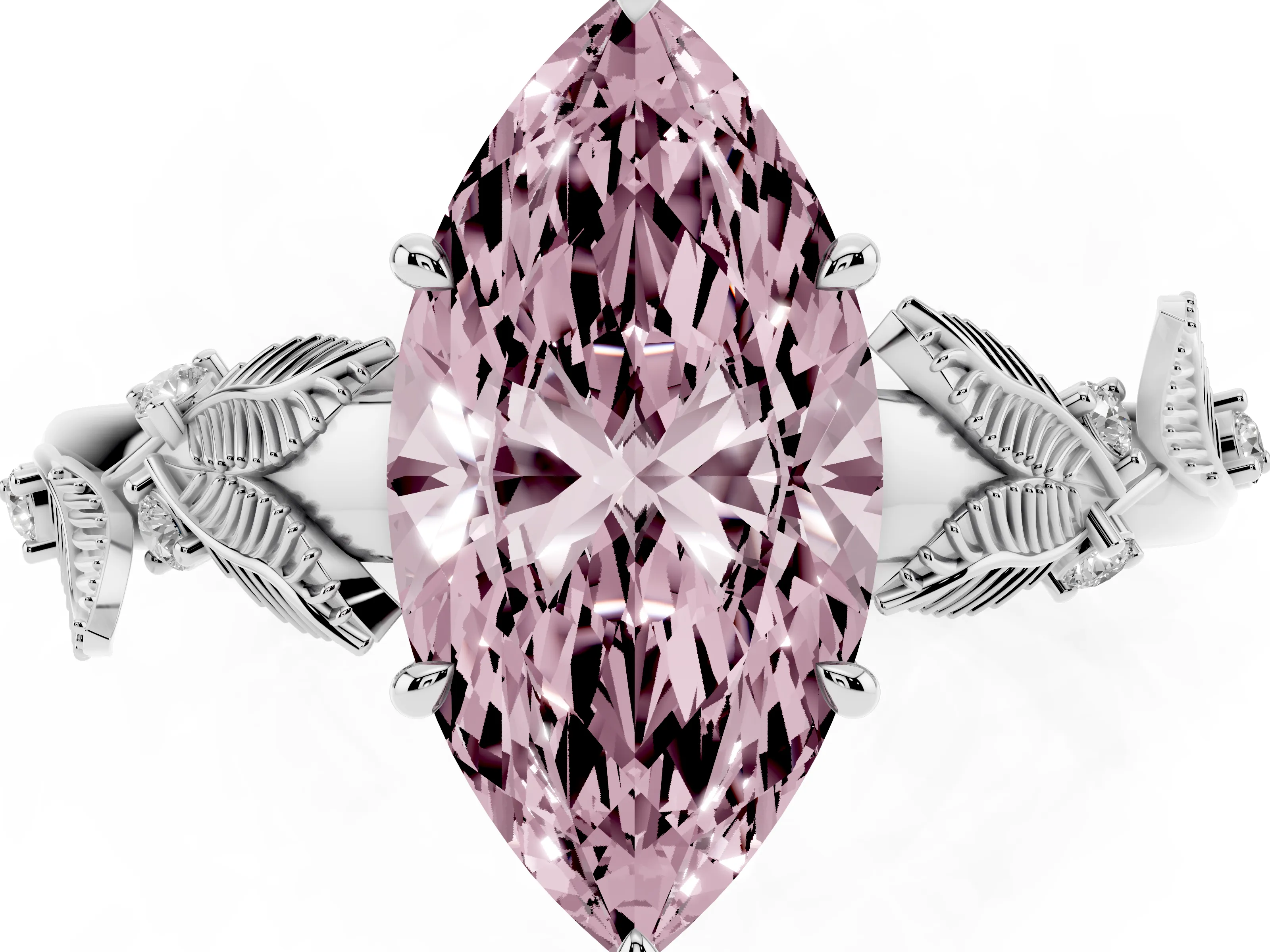 Fancy Pink Marquise Cut Diamond Solitaire Ring Set in Silver with Leaf Motif Band