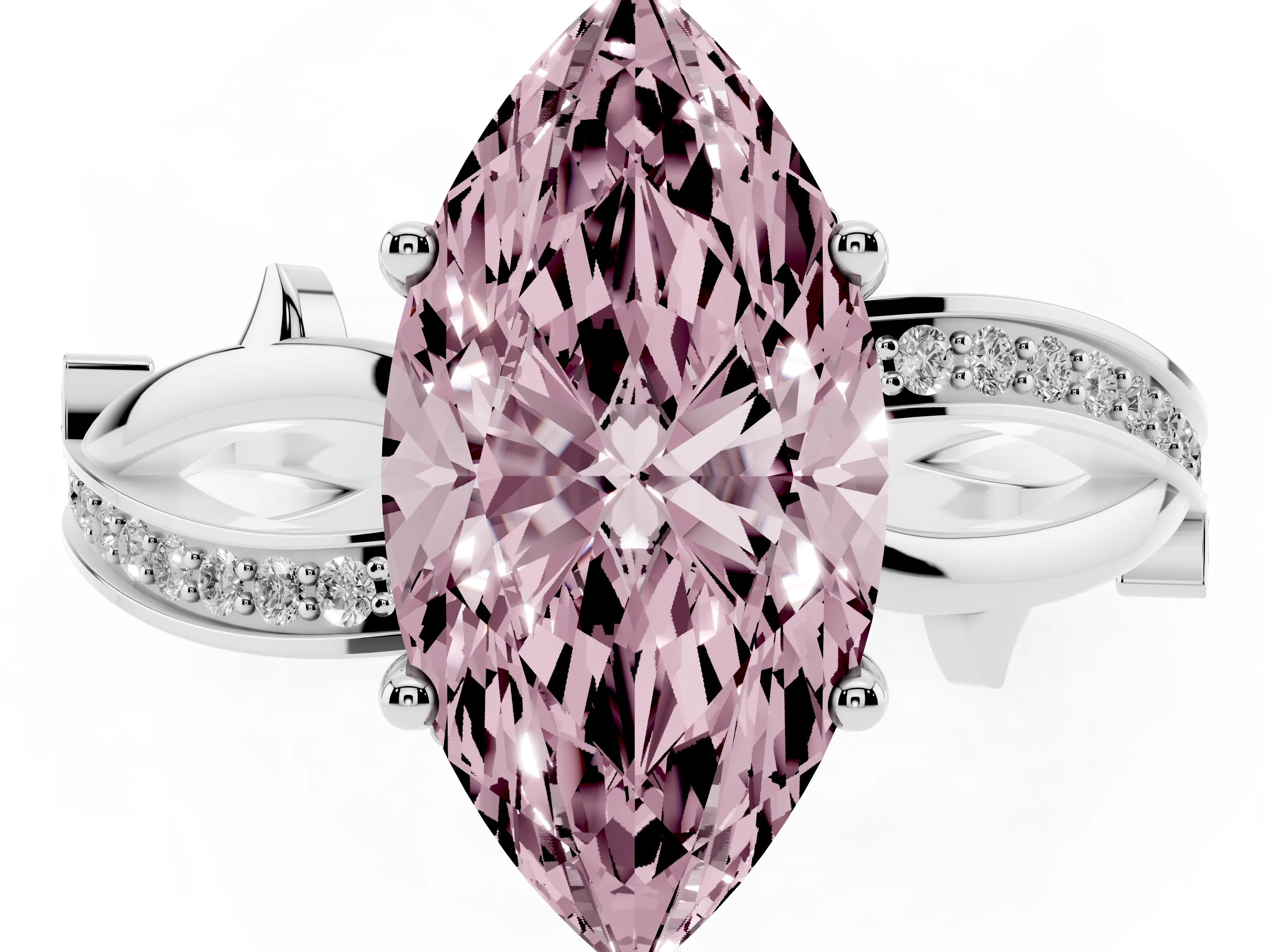 Fancy Pink Marquise Cut Diamond Pavé Twist Band Solitaire Ring Set in Silver with Prong Setting