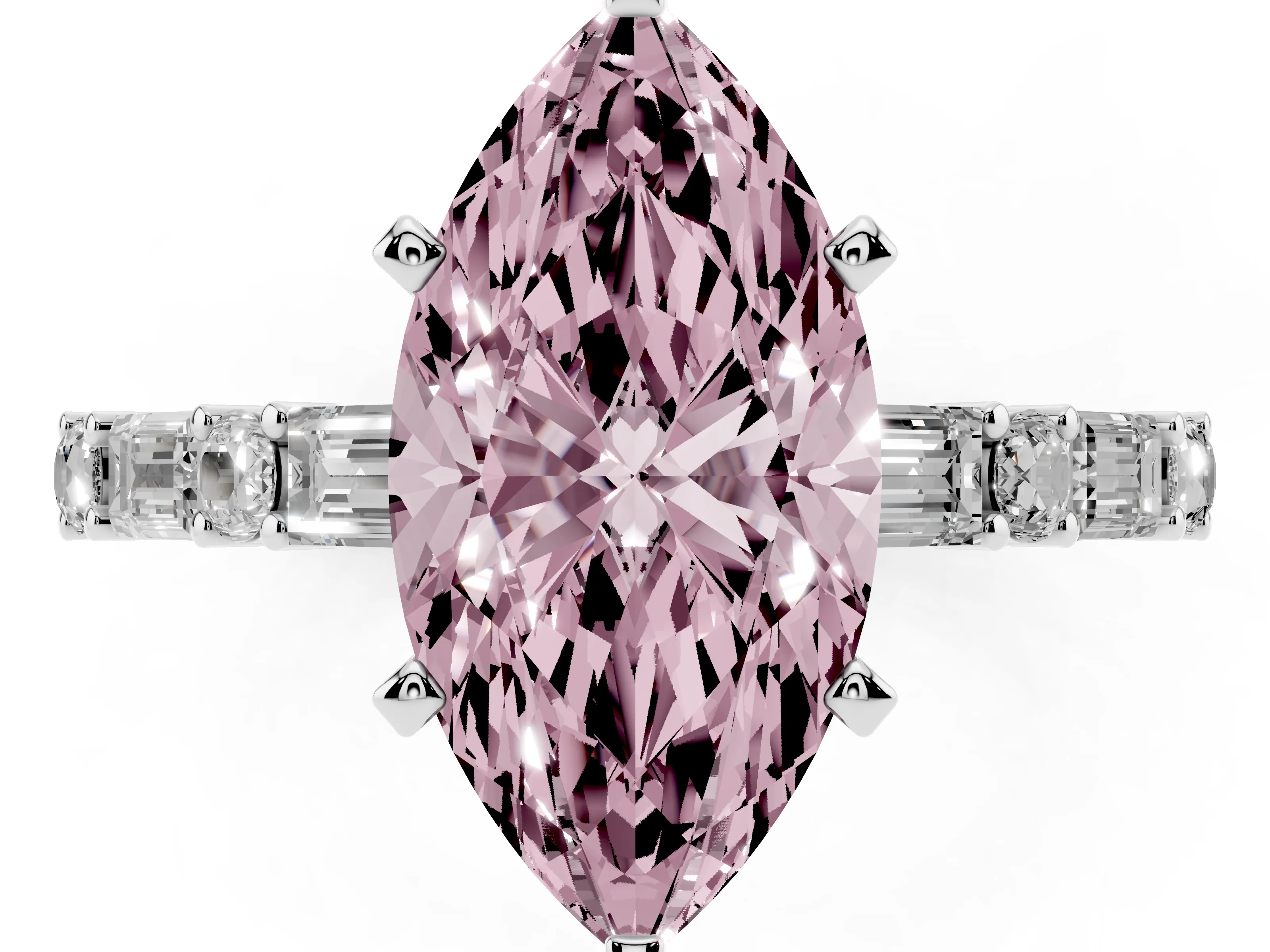 Fancy Pink Marquise Cut Diamond Solitaire Set in Platinum with Side Baguettes and Channel Set Band