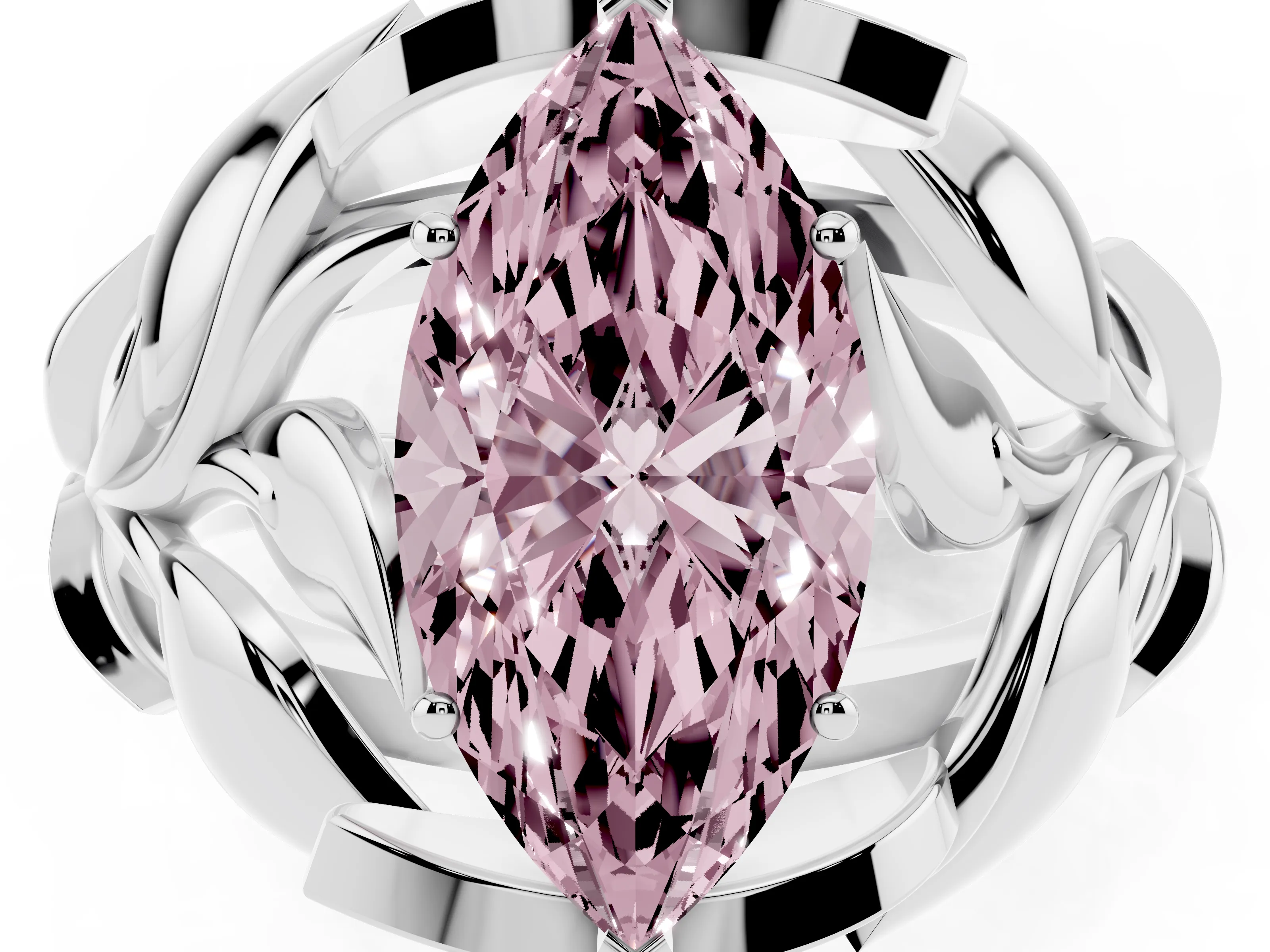 Fancy Pink Marquise Cut Diamond Leaf-Inspired Engagement Ring Set in Platinum with Round Accents