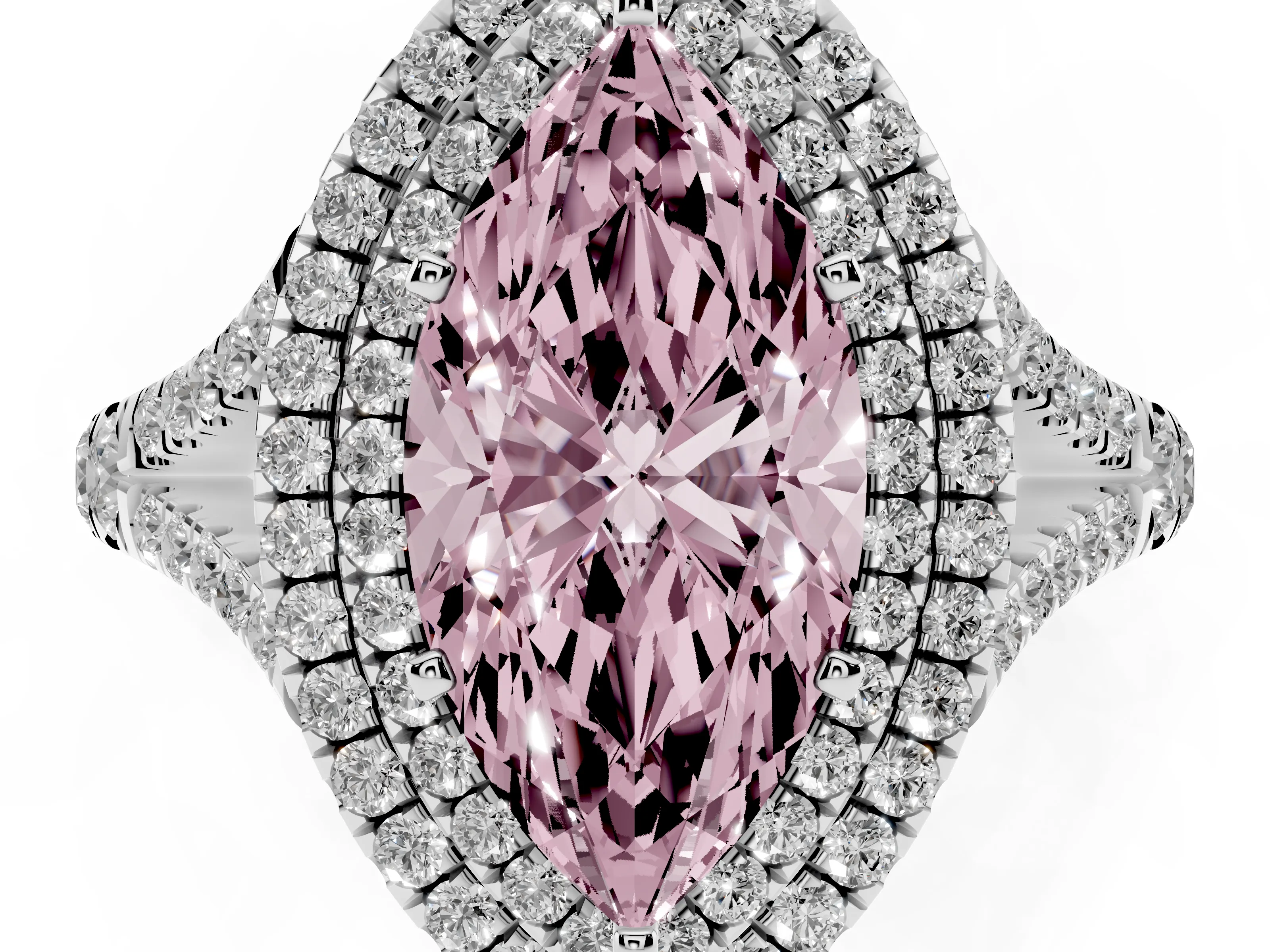 Fancy Pink Marquise Cut Diamond Pavé Split Shank Double Halo Engagement Ring Set in Silver