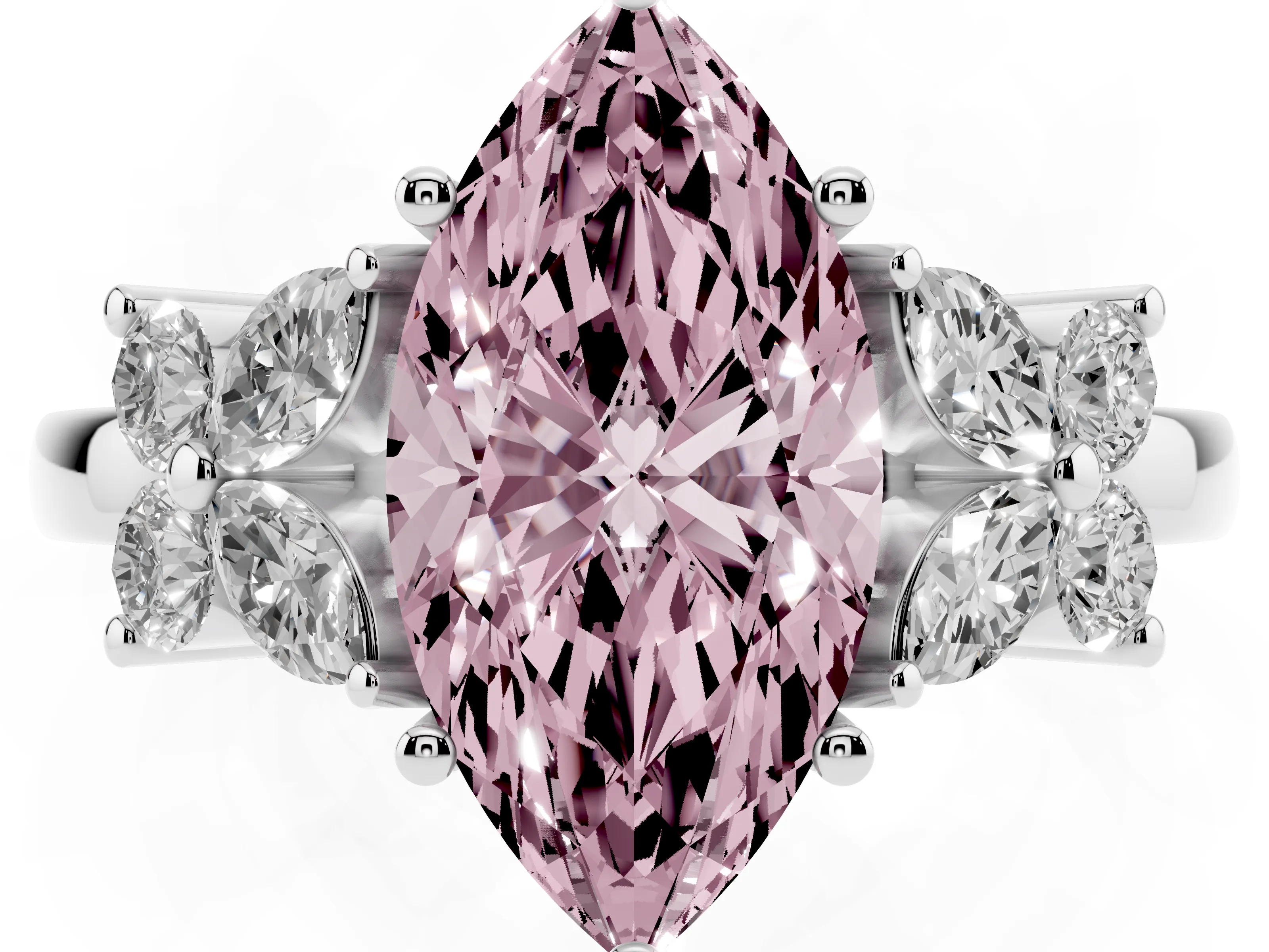 Fancy Pink Marquise Cut Diamond Floral Cluster Ring Set in Silver with Marquise Petals and Prong Setting