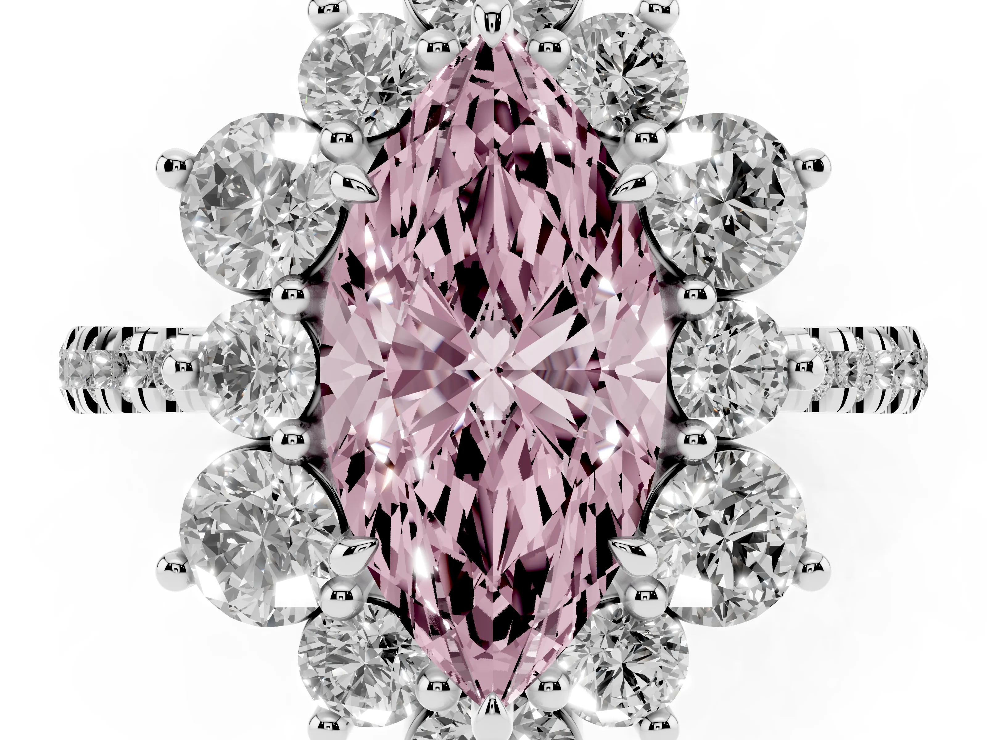 Fancy Pink Marquise Cut Diamond Floral Halo Ring Set in White gold with Round Pavé Band and Prong Setting