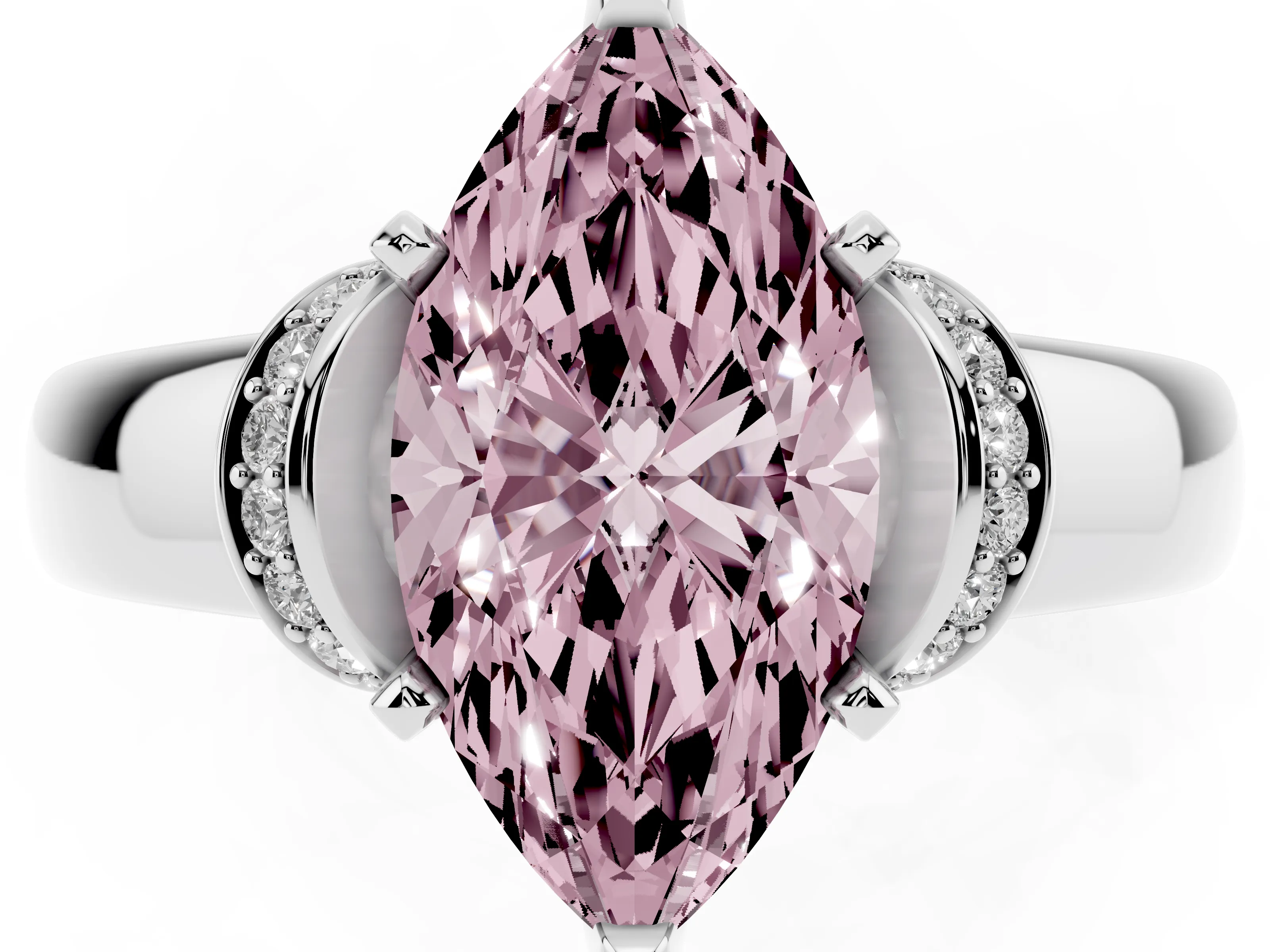 Fancy Pink Marquise Cut Diamond Pavé Band Solitaire Ring Set in Platinum with Prong Setting