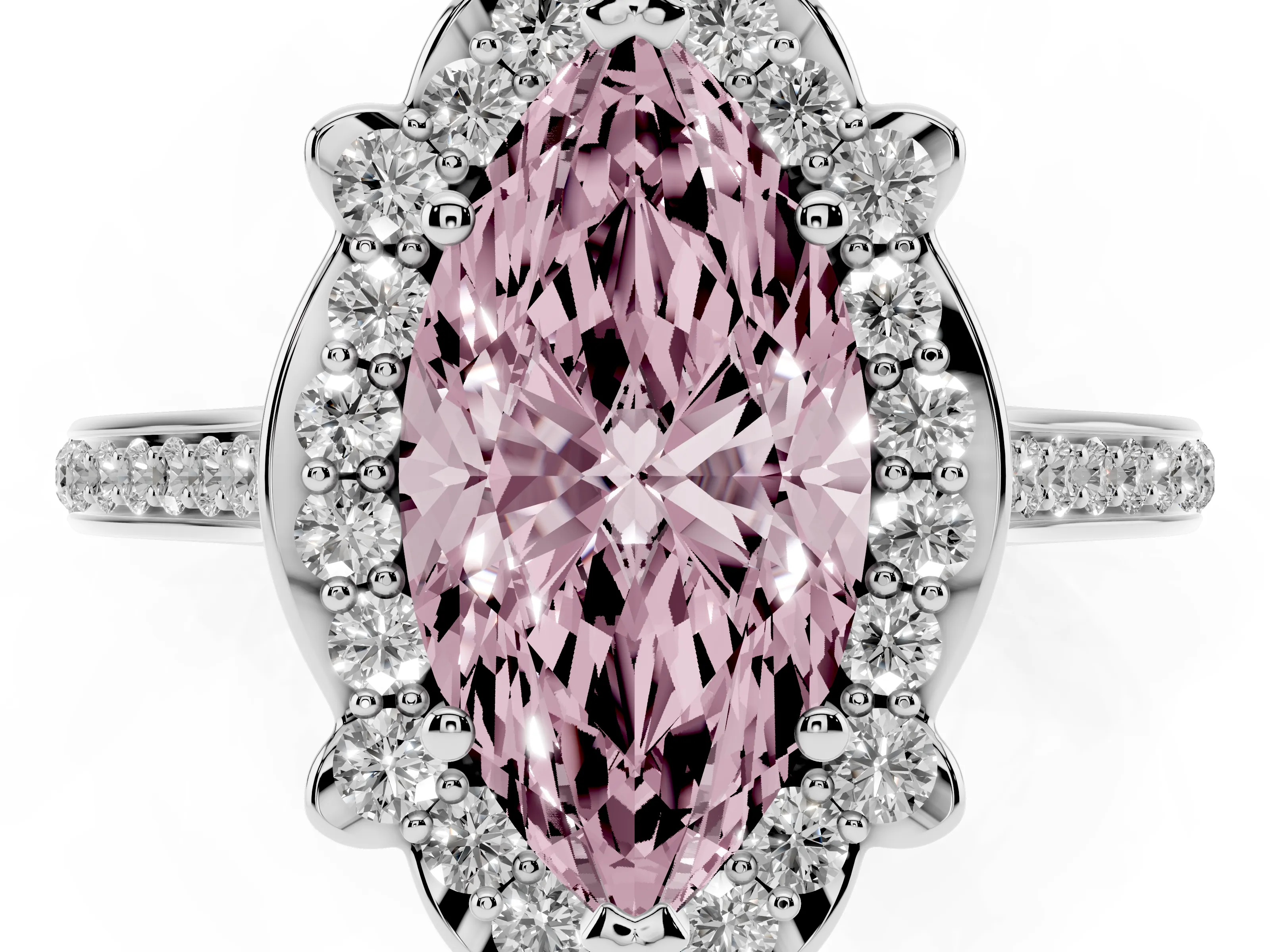 Fancy Pink Marquise Cut Diamond Halo Ring Set in White gold with Pavé-Lined Shoulders and Prong Setting