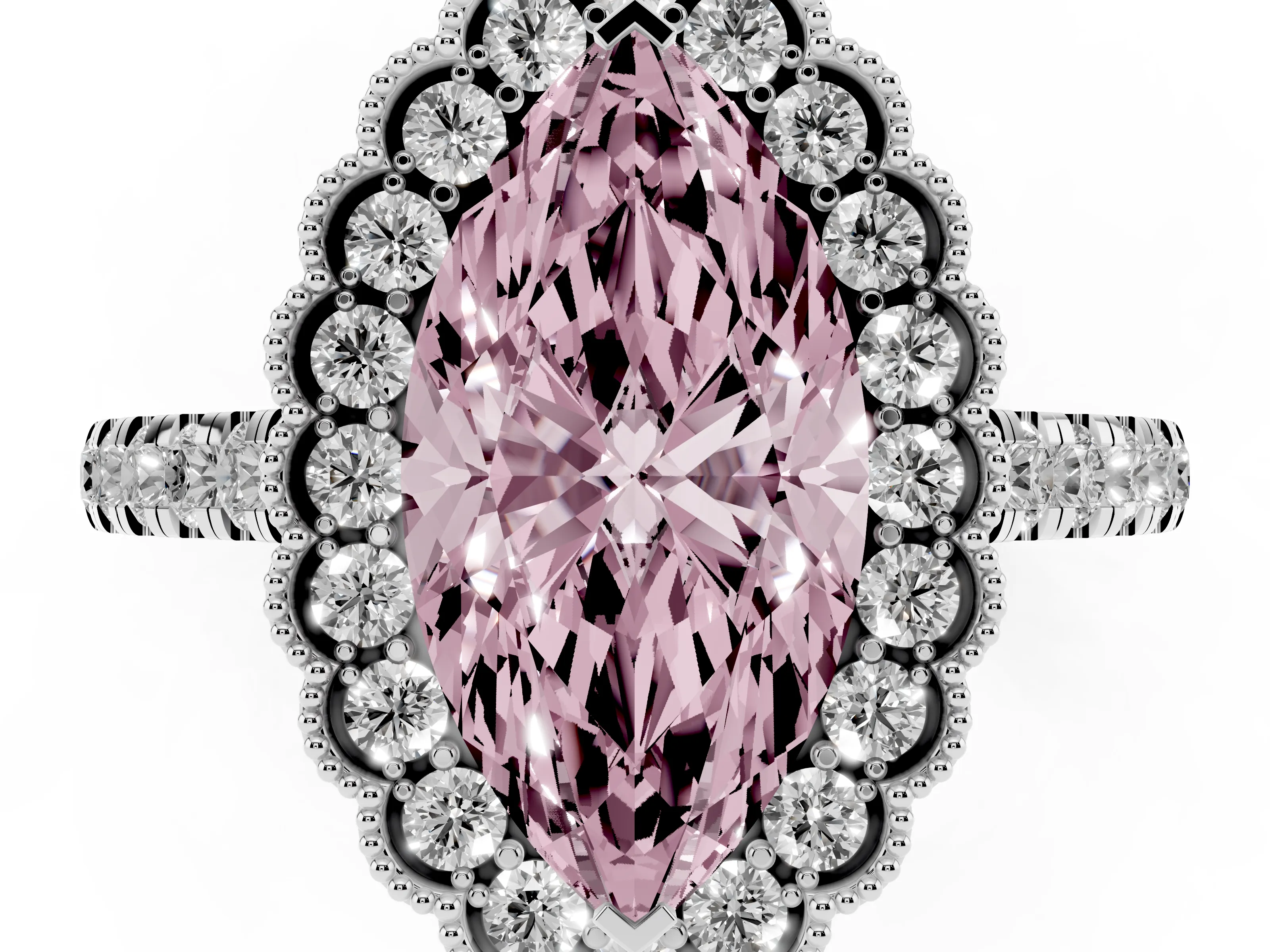 Fancy Pink Marquise Cut Diamond Milgrain Floral Halo Engagement Ring Set in White gold with Pavé Band