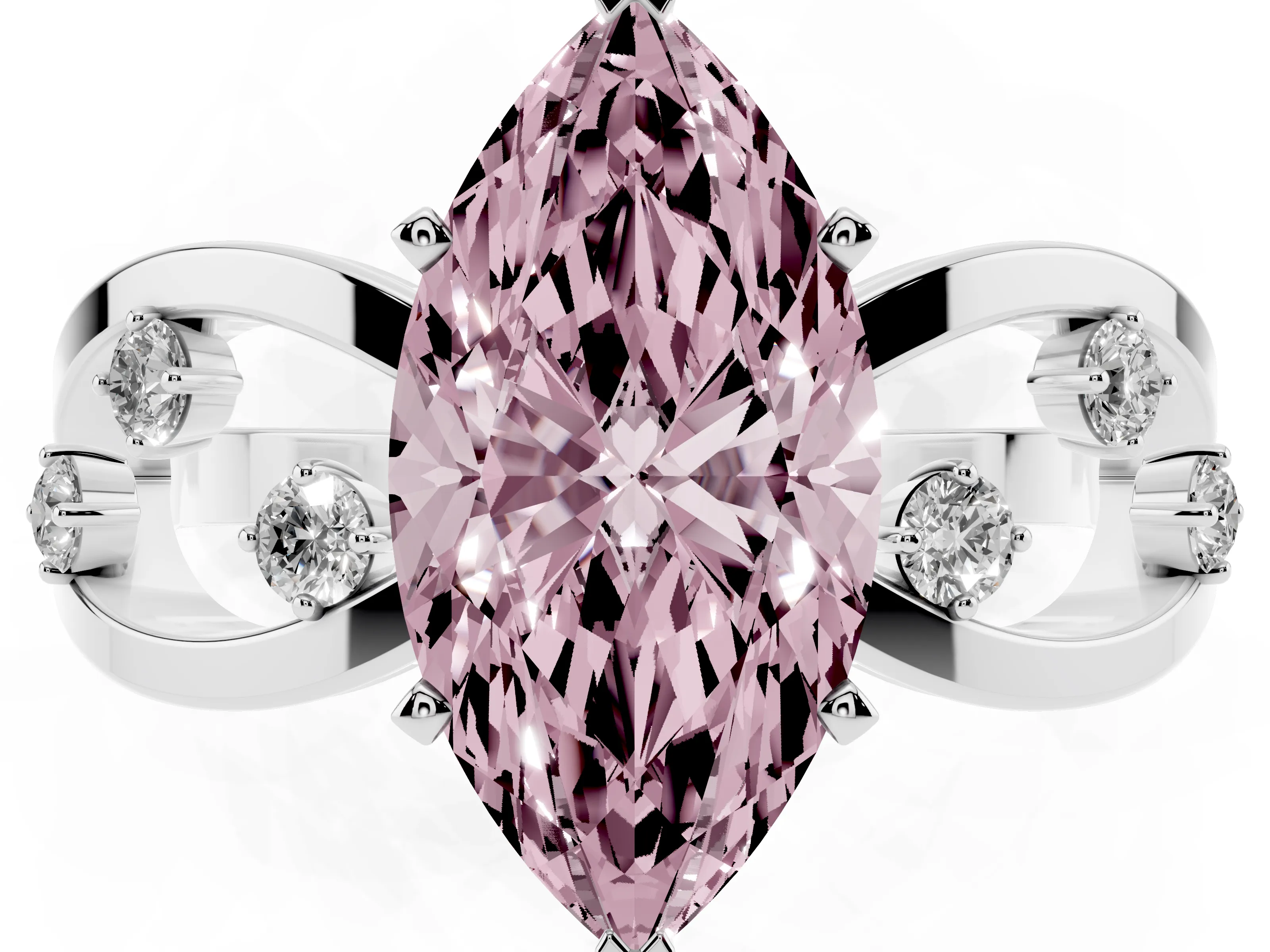 Fancy Pink Marquise Cut Diamond Solitaire Ring Set in Silver with Side Stones on Criss-Cross Band and Prong Setting