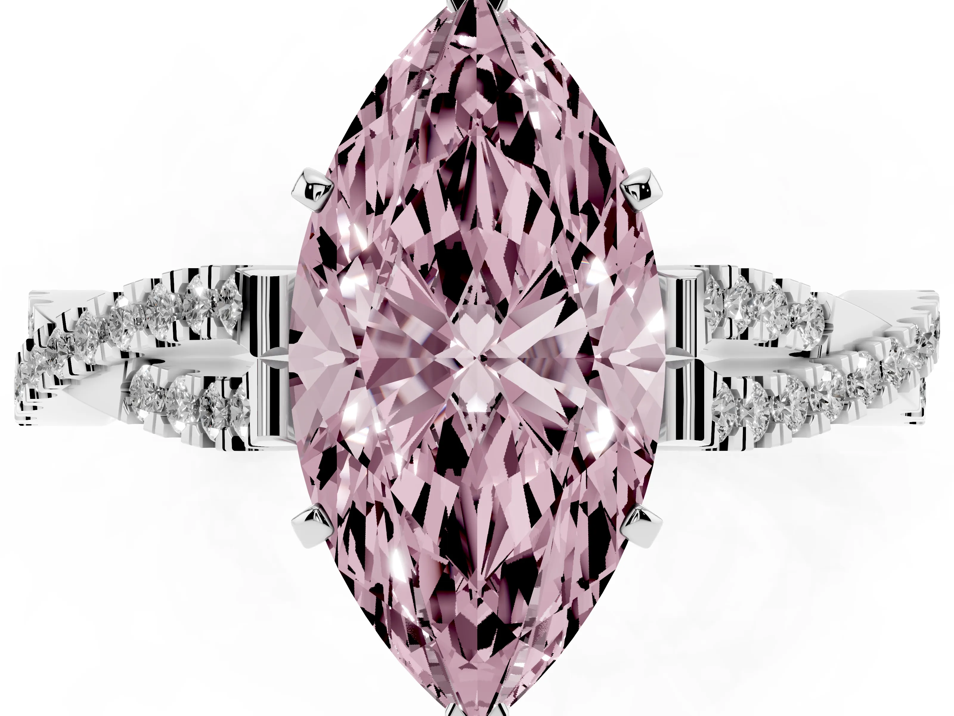 Fancy Pink Marquise Cut Diamond Solitaire Engagement Ring Set in Platinum with Twisted Pavé Band and Prong Setting