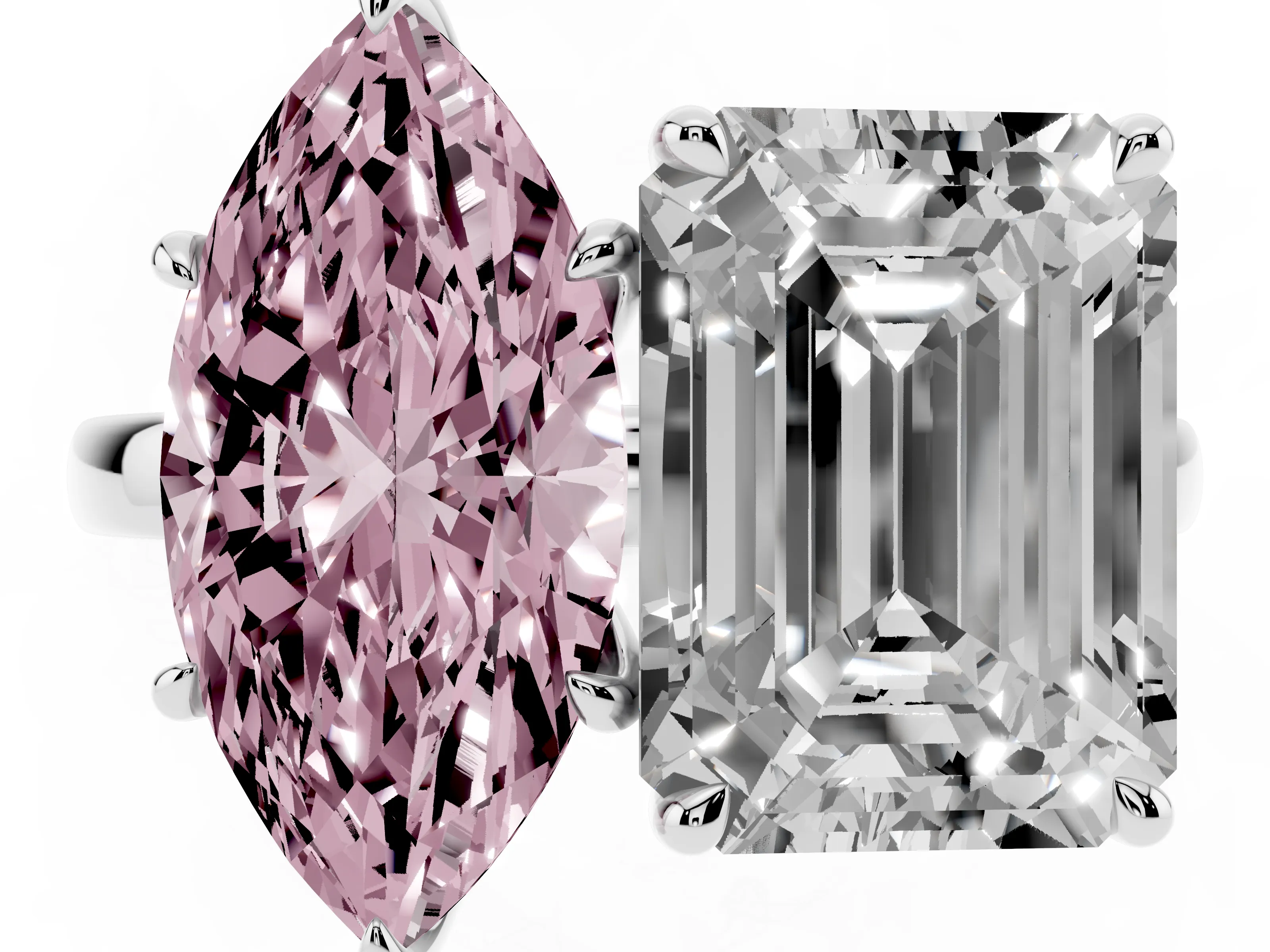 Fancy Pink Marquise Cut and Emerald Cut Toi Moi Ring Set in Platinum with Prong Setting