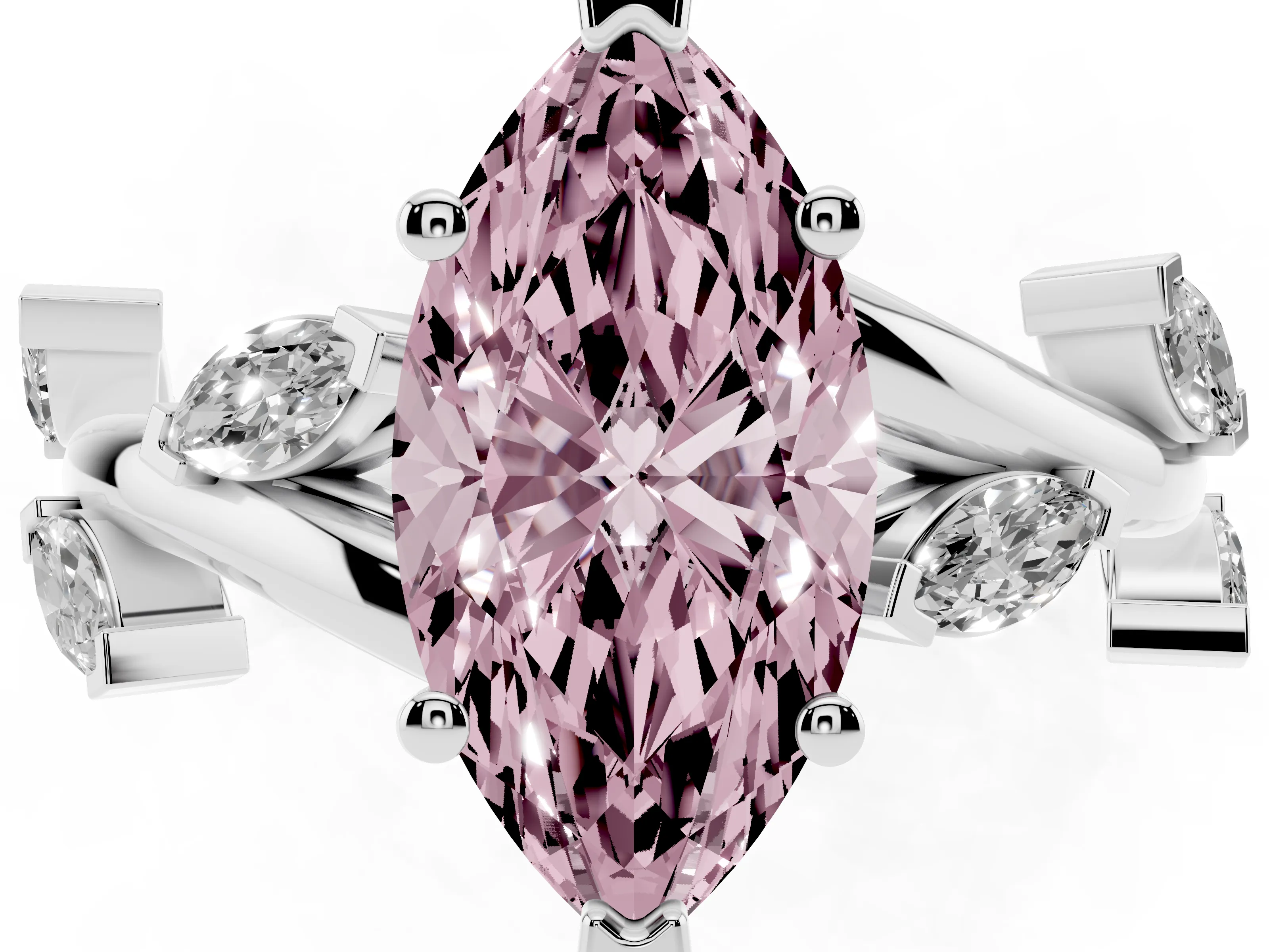 Fancy Pink Marquise Cut Diamond Solitaire Ring Set in White gold with Twisted Marquise Accent Band