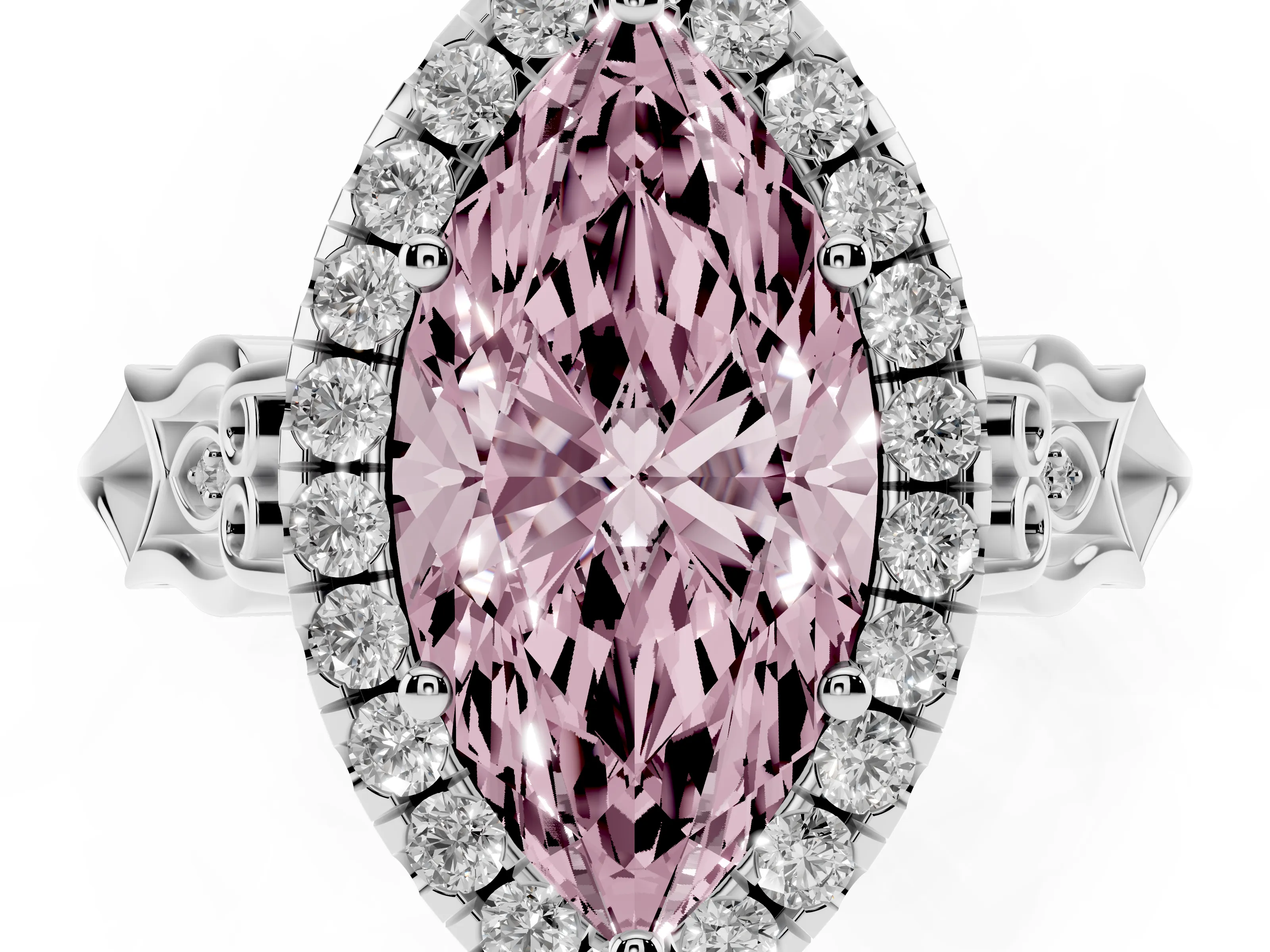 Fancy Pink Marquise Cut Diamond Halo Engagement Ring Set in White gold with Filigree Band and Prong-Set Center