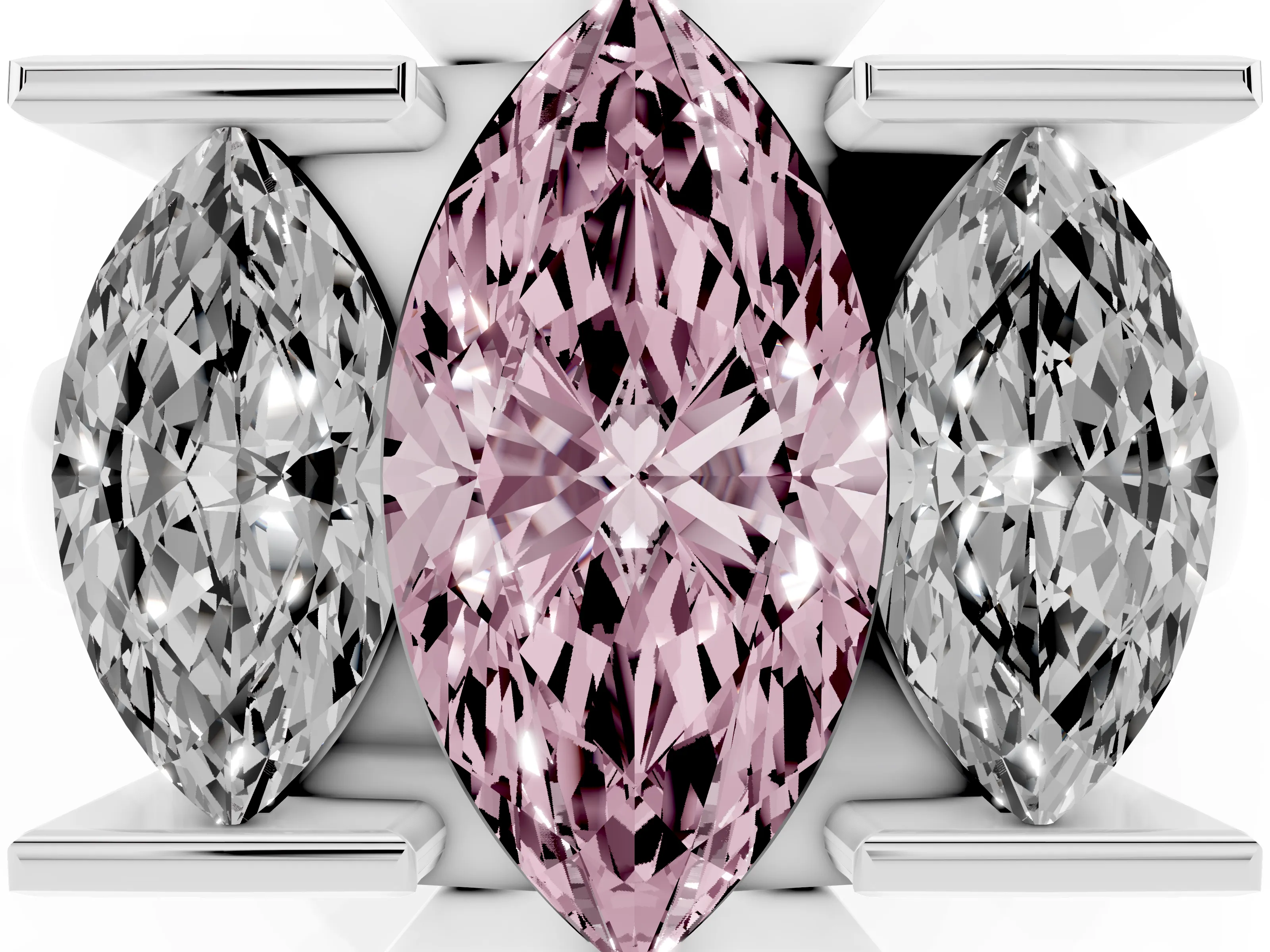 Fancy Pink Marquise Cut Diamond Three-Stone Channel Set Ring Set in White gold with Smooth Polished Band