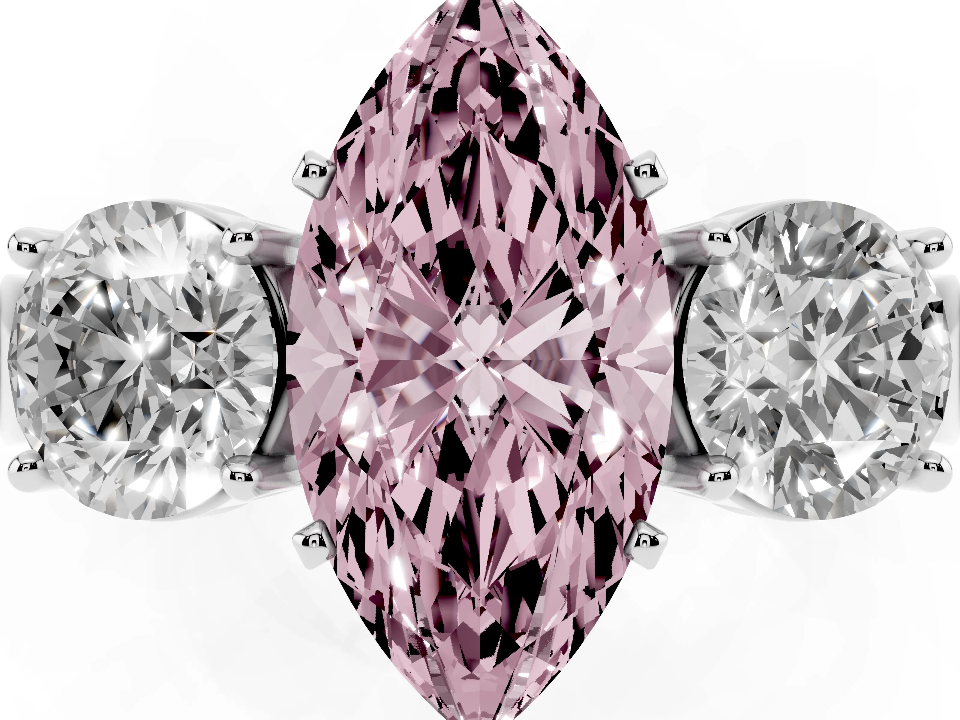 Fancy Pink Marquise Cut Diamond Three-Stone Ring Set in White gold with Round Side Stones and Classic Band