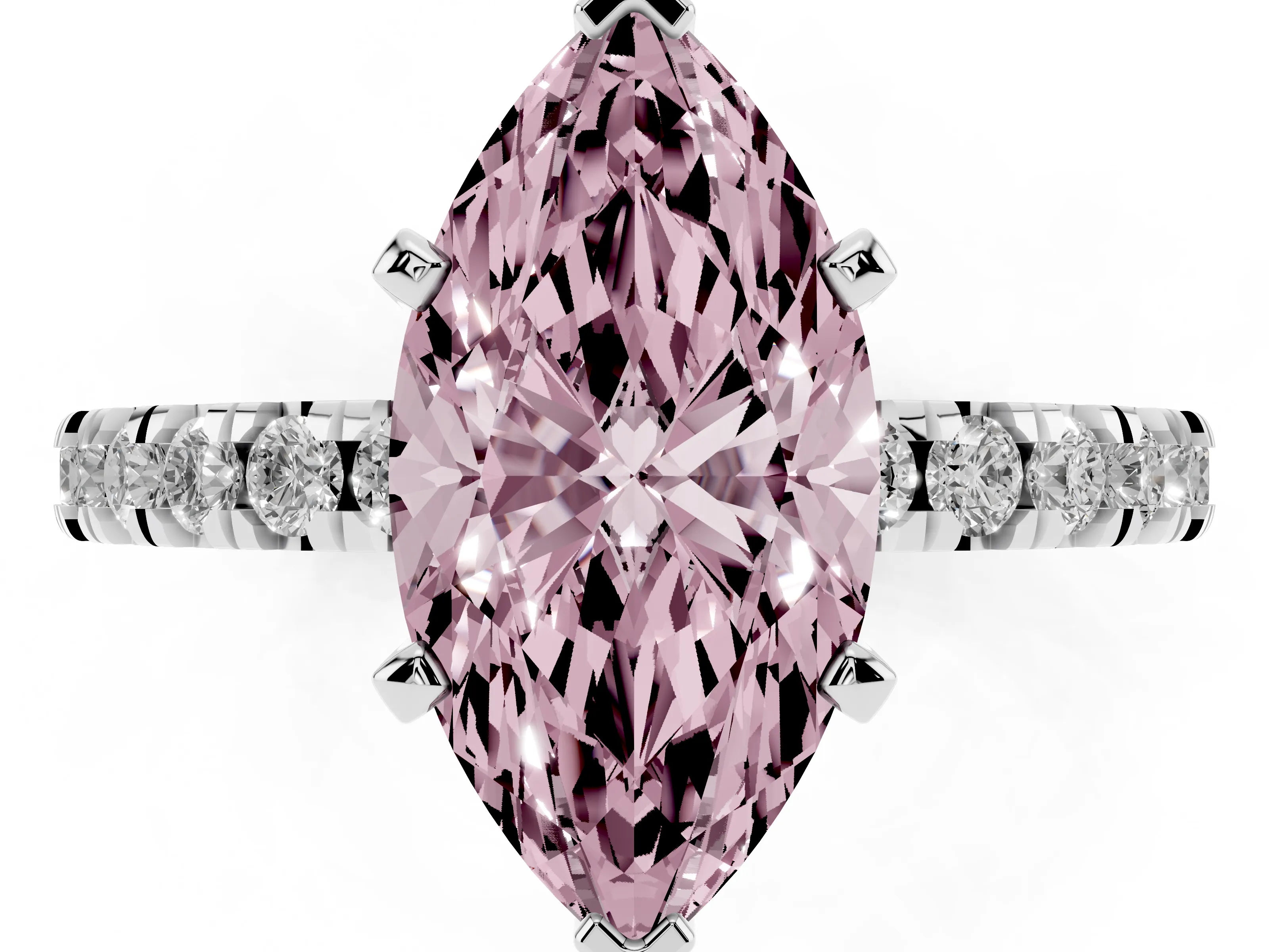 Fancy Pink Marquise Cut Diamond Pavé Band Solitaire Set in White gold with Prong Setting