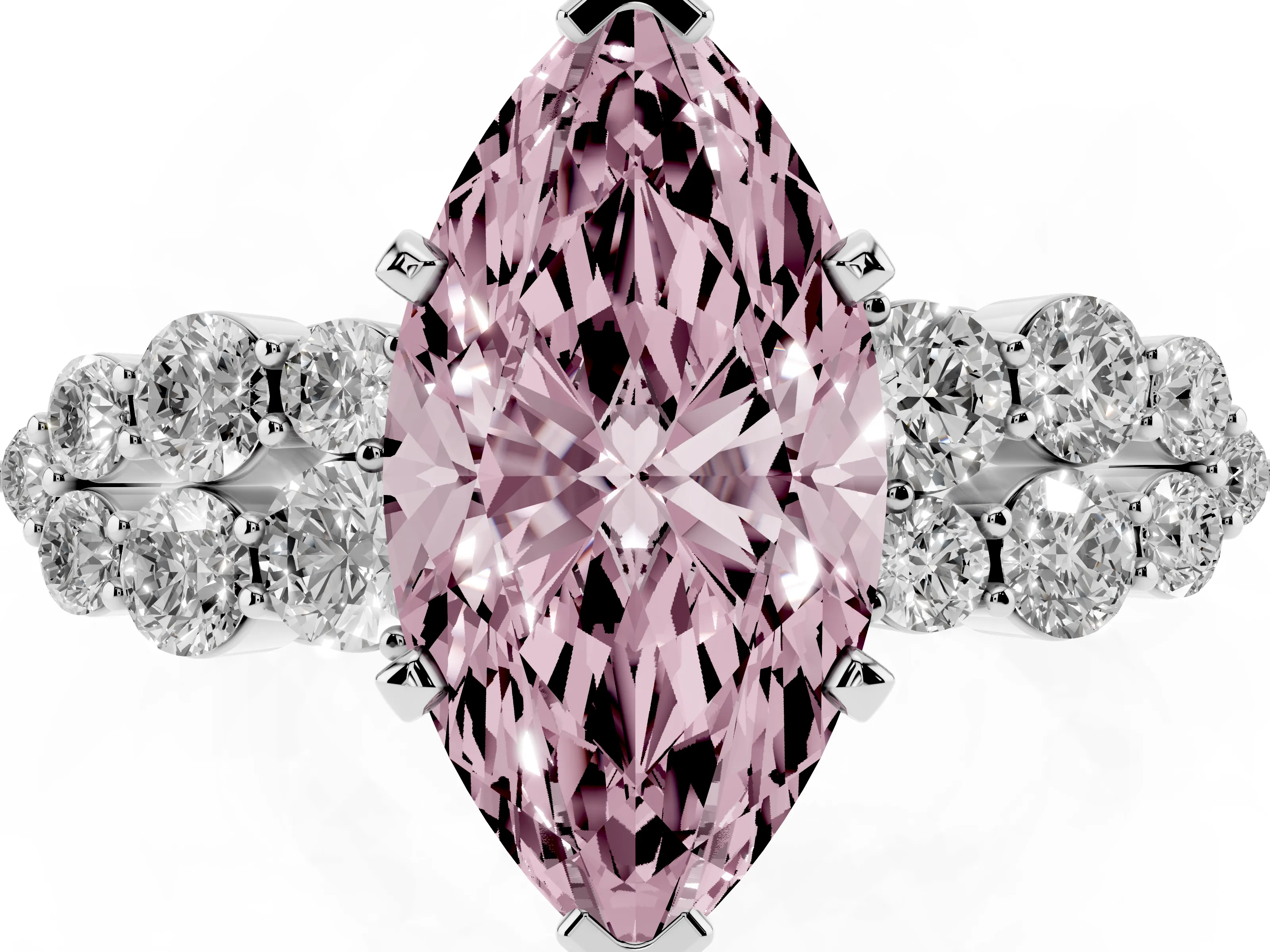 Fancy Pink Marquise Cut Diamond Cluster Engagement Ring Set in Silver with Pavé Band and Prong Setting