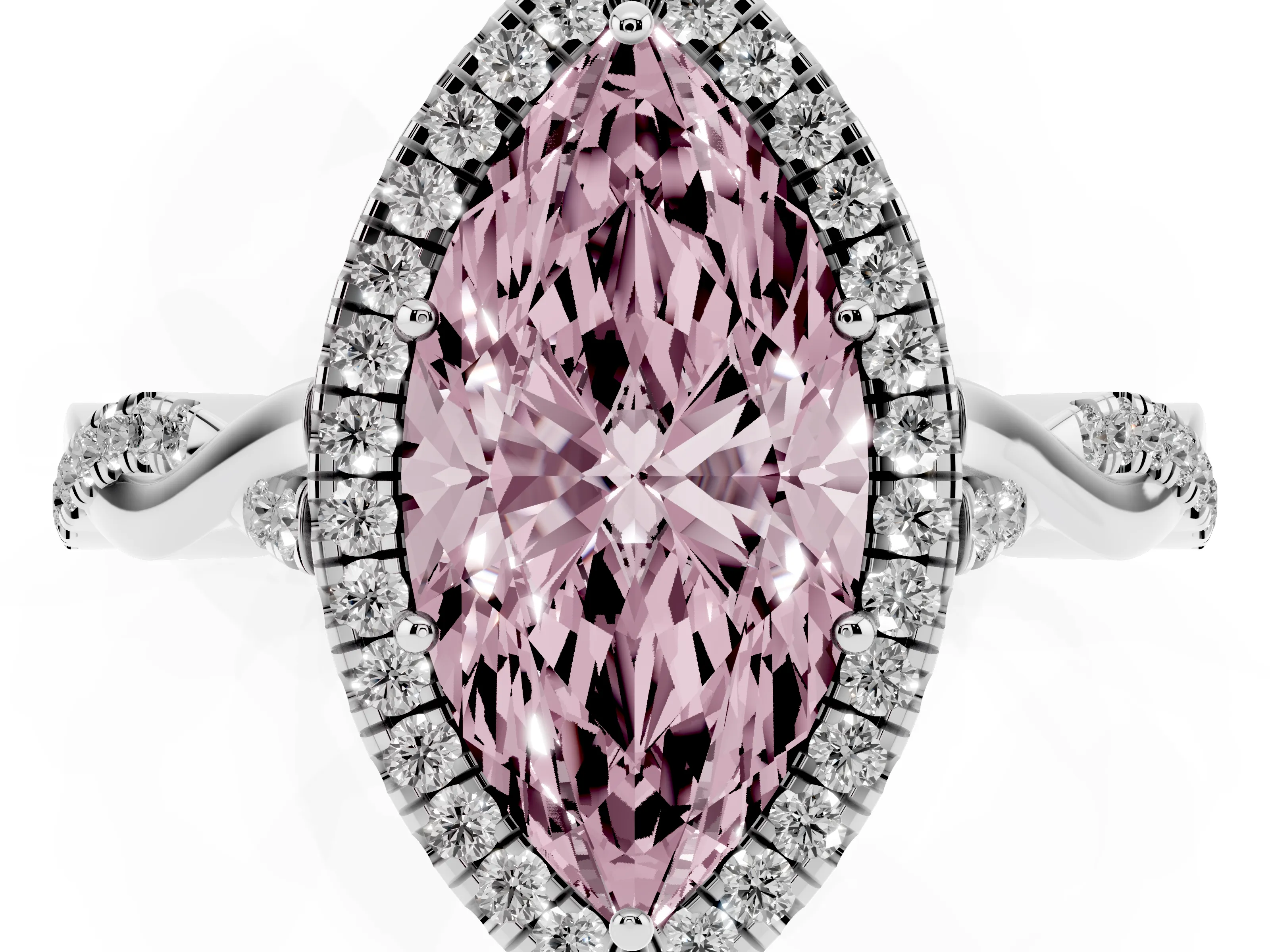 Fancy Pink Marquise Cut Diamond Halo Twist Band Solitaire Ring Set in White gold with Prong Setting