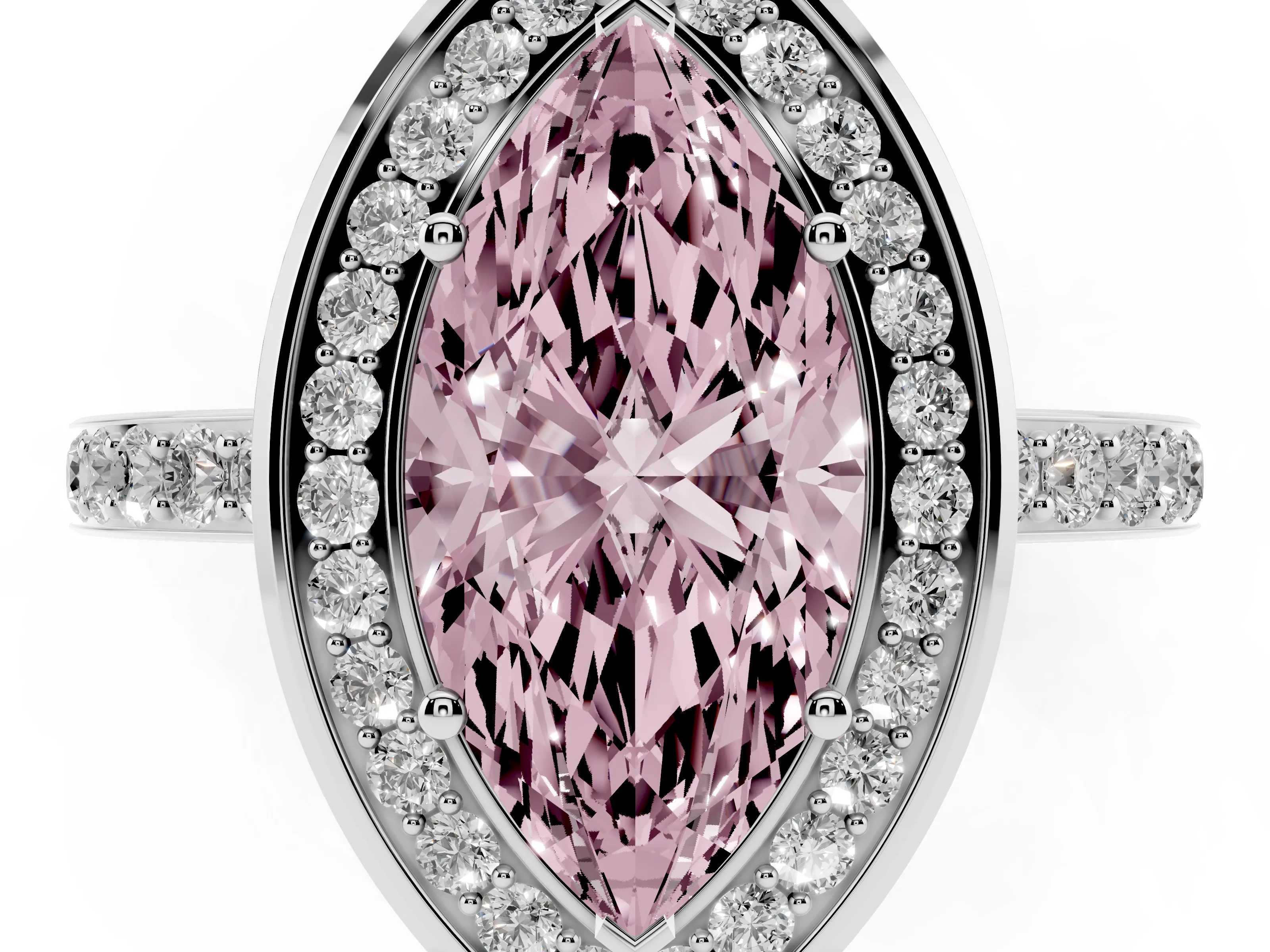 Fancy Pink Marquise Cut Diamond Halo Ring Set in Silver with Bezel Frame and Pavé Band